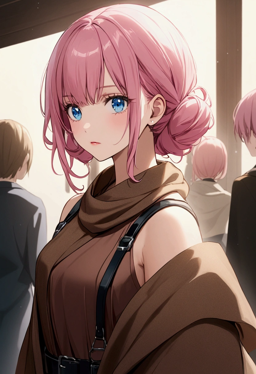 Brown shawl、Shoulder strap、Fashion Model、Girl with pink hair、blue eyes、Twin Drill、A scene from a movie