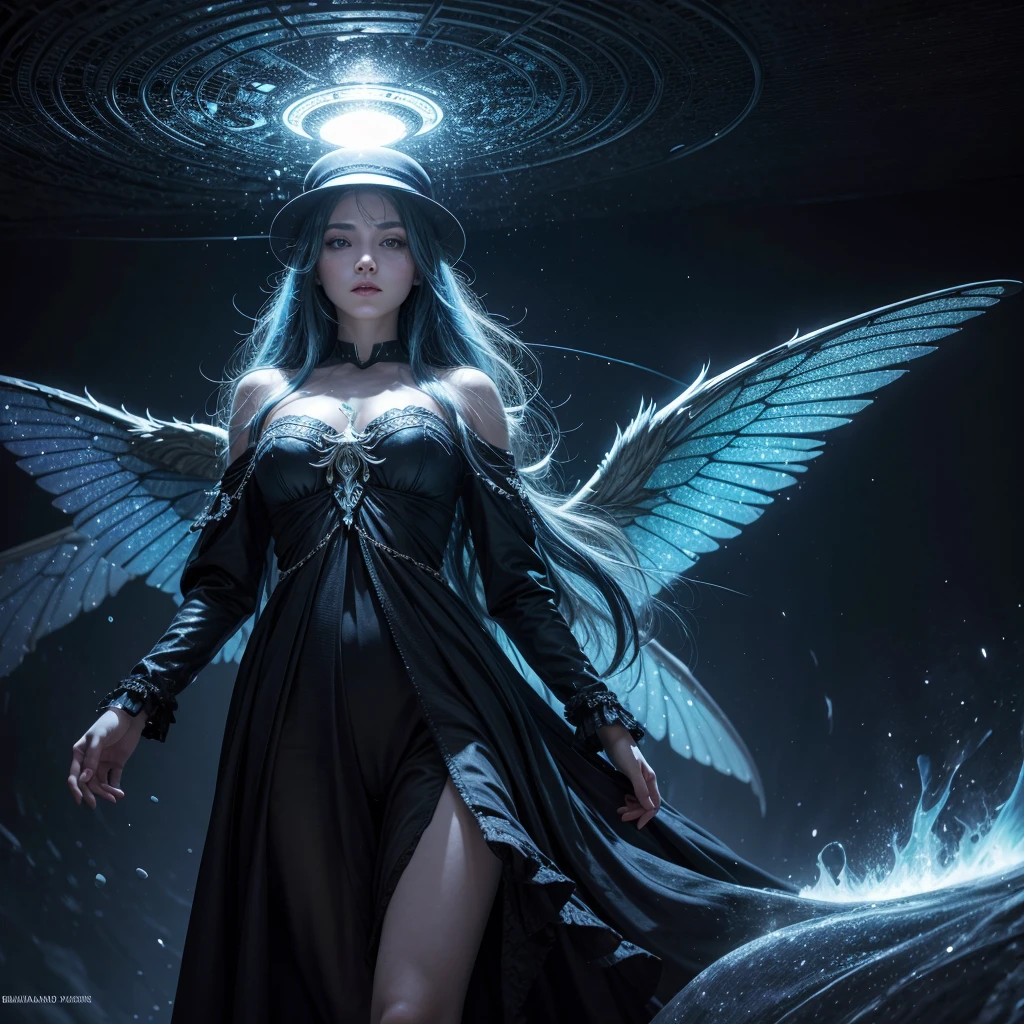 absurdities , High resolution, ultra detailed, (1 girl:1.3), BREAK, fantastic dress, Hats, BREAK, light person, Dark Persona, Control mental, fractal, Whole body, ceiling, artistic background, Bioluminiscencia azul, geometric, Organic, blessing, favor, Exalted, sublime, noble, deployment, Unravel, anti gravity, antimatter, guardian angel, Holy, sacred, spiritual, Worthy, bioluminiscencia roja, flower, Holographic wings, in the magic circle, Photon, mariposa, scales, Galaxy, Berka,