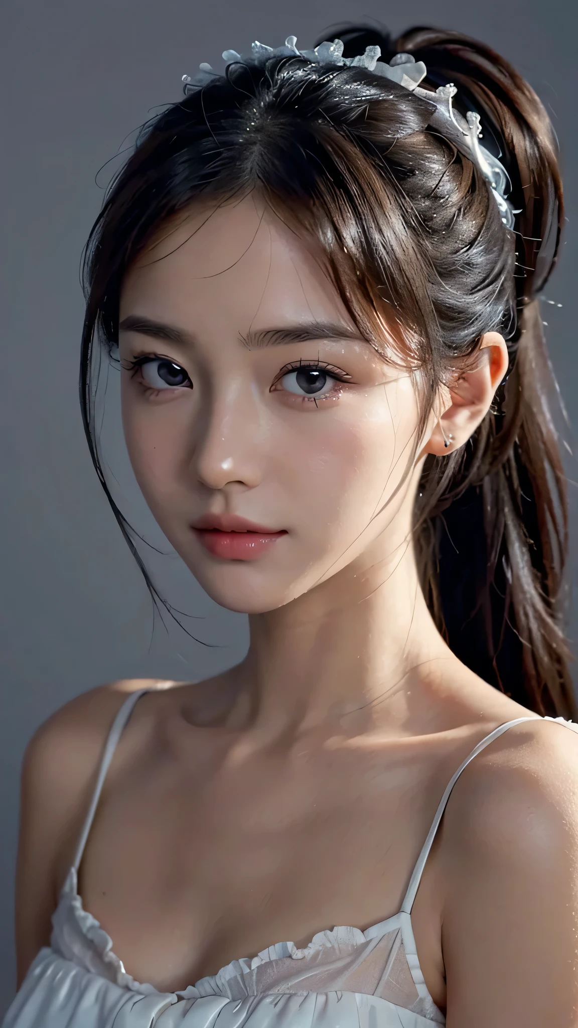 Close up face,Orange  Sleeveless Dress Style,Frilly dress,ruffled edges, layered,Accessories: Flower hairpiece, ribbon, fitted body,Commercials for luxury cosmetics style,Commercial filming studio,The background is all gray,Body in front,fully body photo,masutepiece, The highest image quality, High quality, the background is clear,Beautiful woman, Japanese, Detailed, Ultra-detailed, finely detail, hight resolution, 8K Wallpaper, Perfect dynamic composition, Beautiful detailed eyes ,Detailed eyes, Detailed skin, Beautiful skin, 超hight resolution, (reality: 1.4),Very beautiful woman, Slightly younger face, Beautiful skin, slender, (Ultra photo realsisim), (hight resolution), (8K), (Very detailed) (beautifully detailed eyes), (super detailed),   (Detailed face), view the viewer, Fine details, Detailed face, Staring straight ahead, Staring straight ahead, photos realistic, Bright lighting, Professional Lighting, Black hair,poneyTail,a baby face,sixteen years old,Hairstyle: ponytail,Long ponytail hairstyle,slight smile,