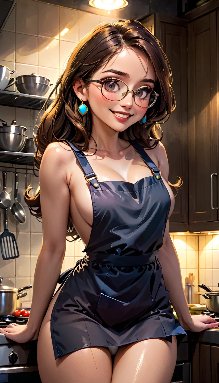 very sexy girl, long straight brown hair, colorful earrings, large square glasses, wearing only a kitchen apron, in the kitchen cooking, small breasts, smiles, adorable, perfect ass, oil painting, chiaroscuro, sensual and dramatic lighting, atmosphere moody, photorealistic, intricate details, masterpiece, ultra detailed, high quality, 8k, best quality, realistic, cinematic, dark and brooding, expressionistic, powerful composition, emotional impact, art inspired by Bill Sienkiewicz