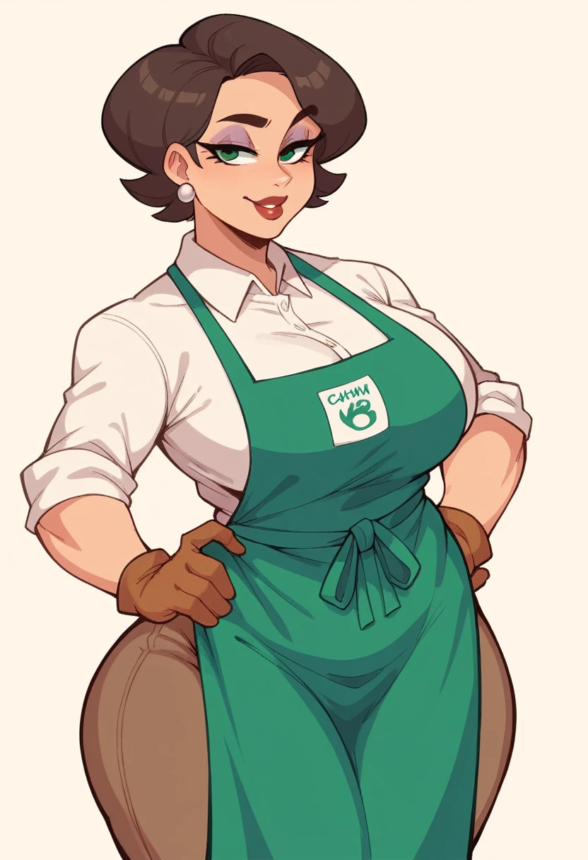 score_9, score_8_up, score_7_up, BREAK, 1girl, solo, breasts,  dextersmom, makeup, jewelry, gloves, shirt, apron, upper body, portrait, mature female, simple background, thick thighs, wide hips, big ass, showing buttcrack slightly, showing big butt,