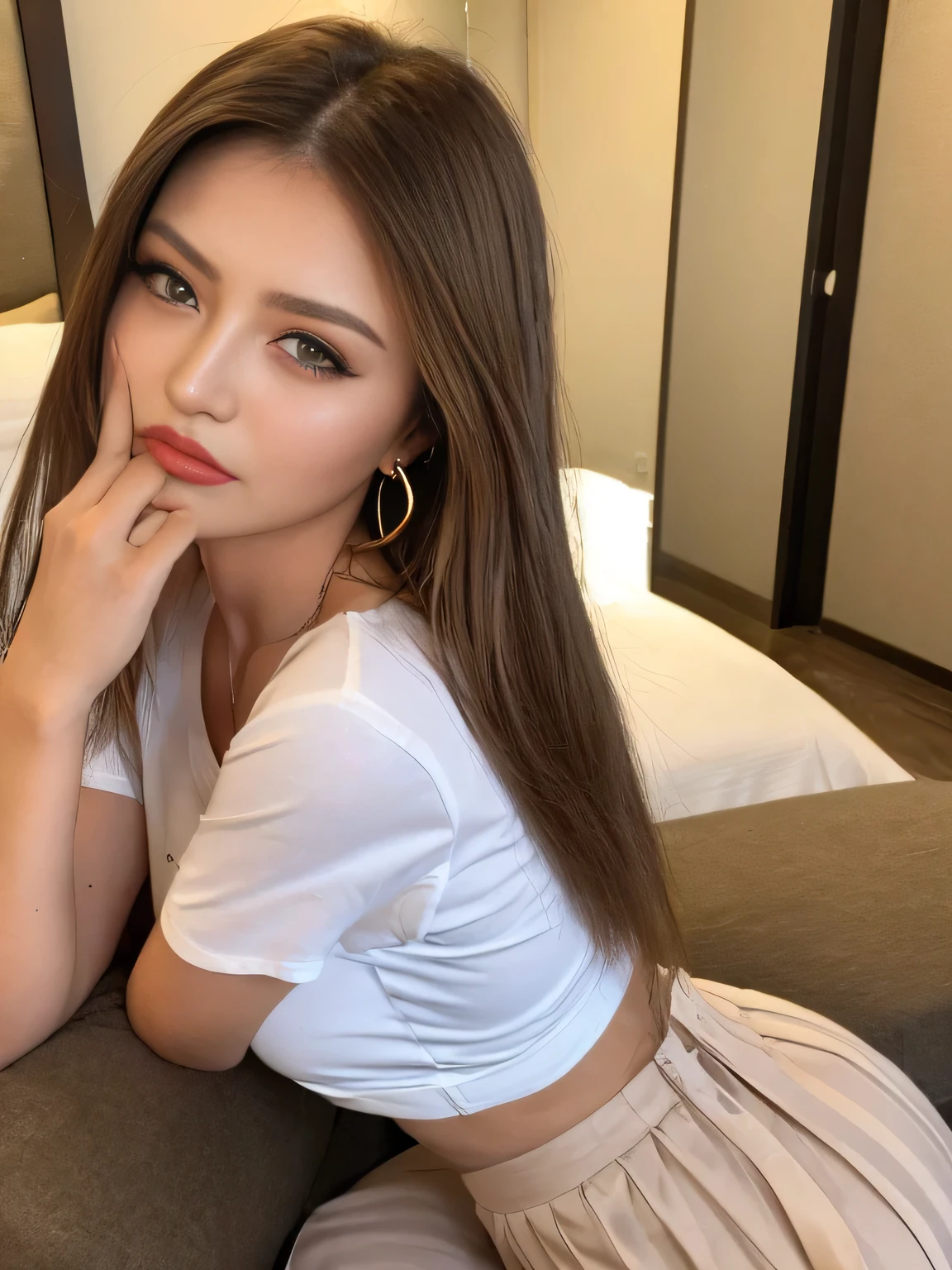 makeup, angry, mullet, hoop earrings, raised eyebrows, half-closed eyes, clenched teeth, ass pov, uhd, anatomically correct, high details, best quality, 8k、One Japanese woman、30 years old、A photo showing you from your hips to your head、Thin face、Sitting on a hotel bed looking back、wariza、Small breasts、large and shapely buttocks、Long skirt、High heels、Focused eyes、Detailed eyes、Detailed face、Light brown hair、White T-shirt、Brown eyes、Very angry、Symmetrical eyes、