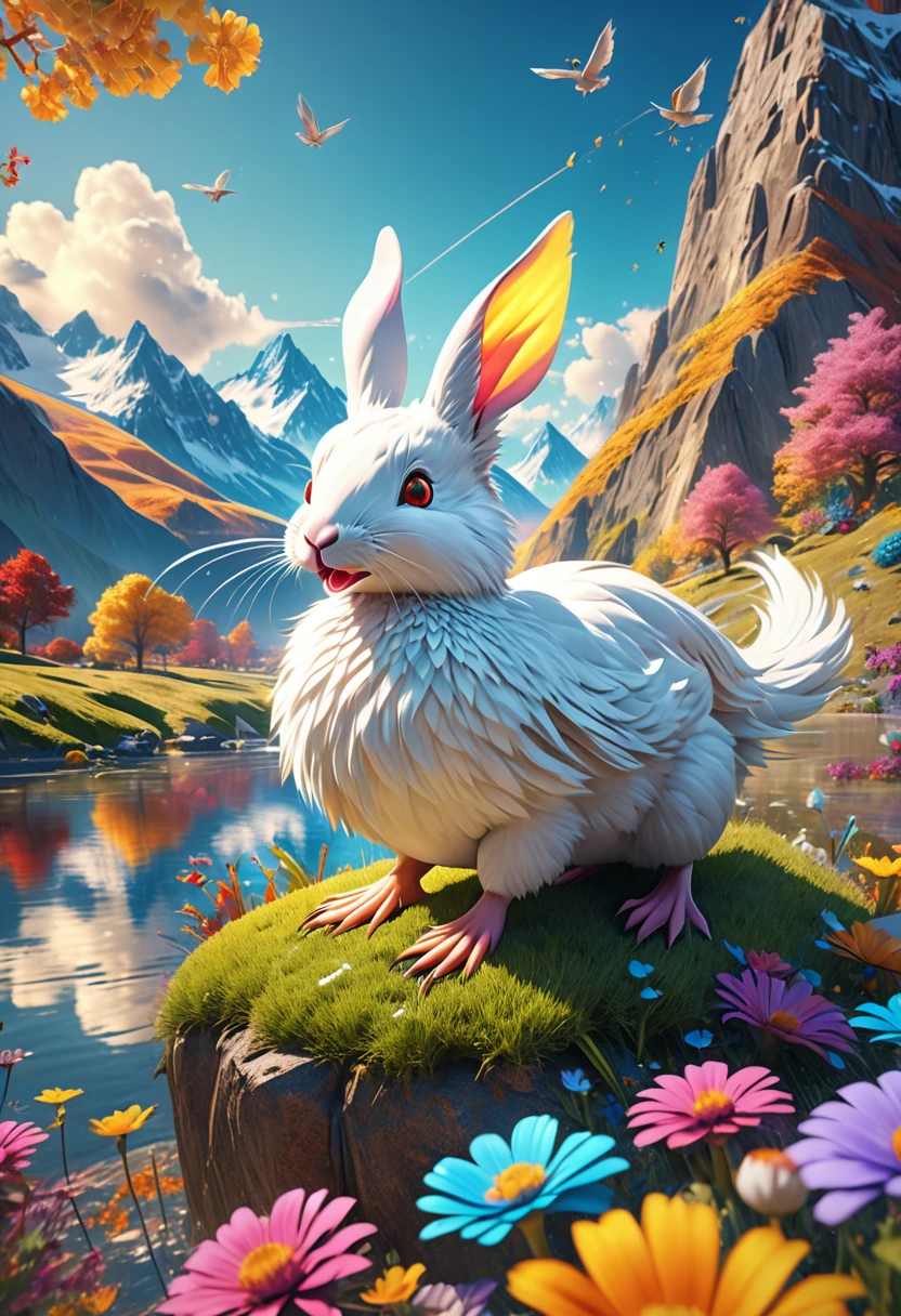 a surreal Wolpertinger, Hybrid creature made of duck, rabbit, and mouse, in exhilarated colors, in front of a mountain landscape, (best quality,4K,8k,highres,masterpiece:1.2),Ultra-detail,(Realists,photoRealists,photo-Realists:1.37),elaborate details,cinematic lighting,dramatic colors,The Fantasy,Digital Drawing,surreal,Very detailed,Film composition,keen focus,photoRealists,hyperRealists,mystical,Ethereal,fantastic,colorful,exhilarated,noticeable,dream-like,conceptual,imaginative close to perfection, dynamic, Very detailed, smooth, keen focus, 8k, High resolution, Illustration, Vector image,