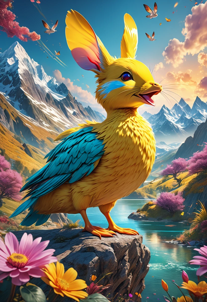 a surreal Wolpertinger, Hybrid creature made of duck, rabbit, and mouse, in exhilarated colors, in front of a mountain landscape, (best quality,4K,8k,highres,​masterpiece:1.2),Ultra-detail,(Realists,photoRealists,photo-Realists:1.37),elaborate details,cinematic lighting,dramatic colors,The Fantasy,Digital Drawing,surreal,Very detailed,Film composition,keen focus,photoRealists,hyperRealists,mystical,Ethereal,fantastic,colorful,exhilarated,noticeable,dream-like,conceptual,imaginative close to perfection, dynamic, Very detailed, smooth, keen focus, 8k, High resolution, Illustration, Vector image, 