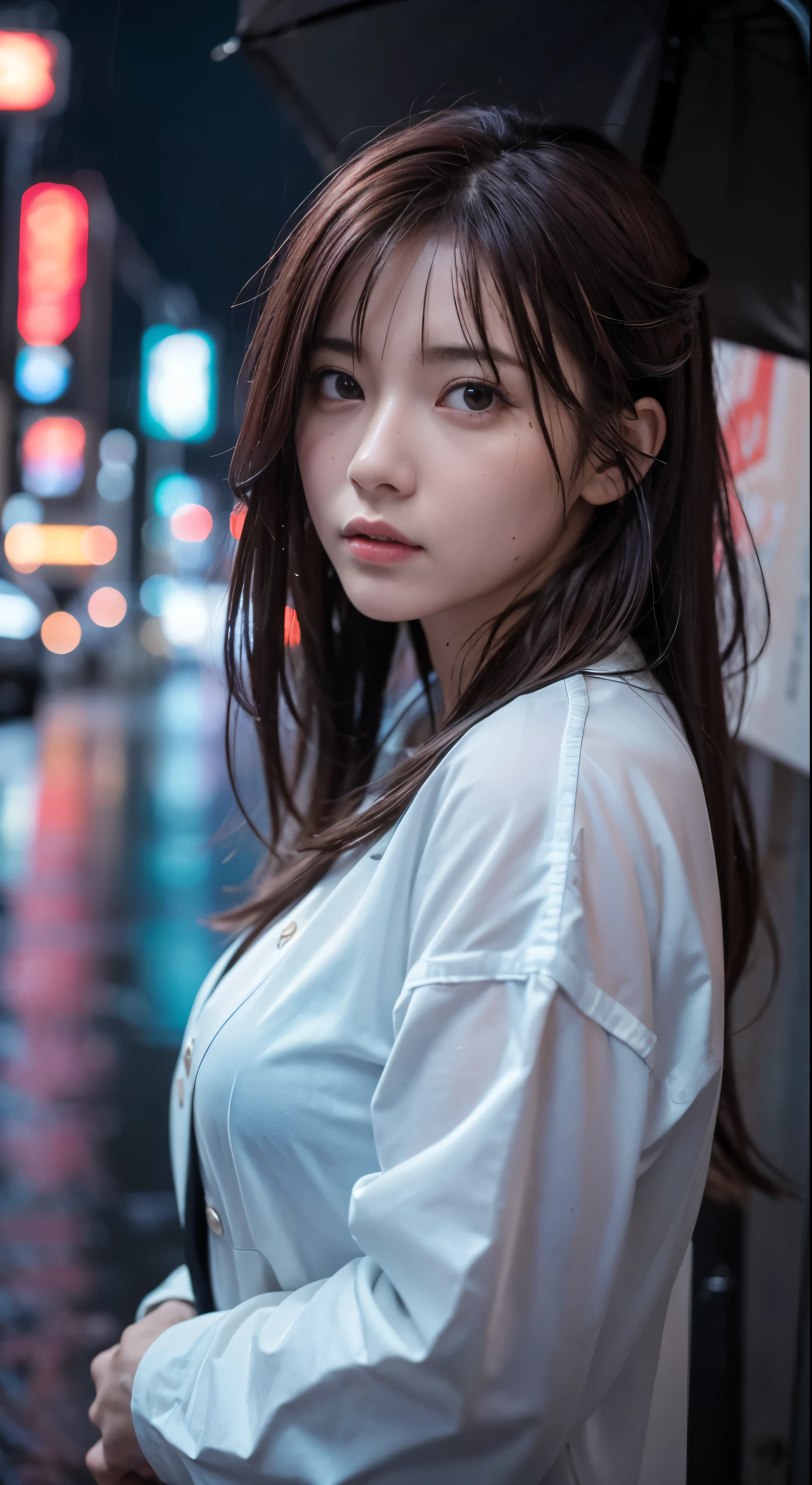 8k, RAW photo, best quality, masterpiece:1.2),(realistic, photo-realistic:1.37),Tokyo street,night, rain, wet,cityscape,night, cyberpunk city,soft light,1girl,, extremely beautiful face,bust,put down hands,Random hairstyle,Random hair color,Random expression,pigsney