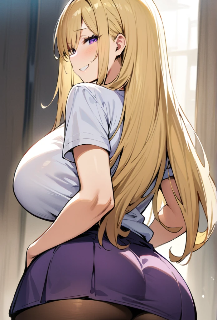 ((Best Quality)), ((masterpiece)), (detailed), 1 girl, Pastel yellow hair, Long hair, hair covers one eye, purple eyes, big breasts, big thighs, expression smiling shy, white voting t-shirt, purple skirt, brown pantyhose, looking at the viewer, view from behind, backward