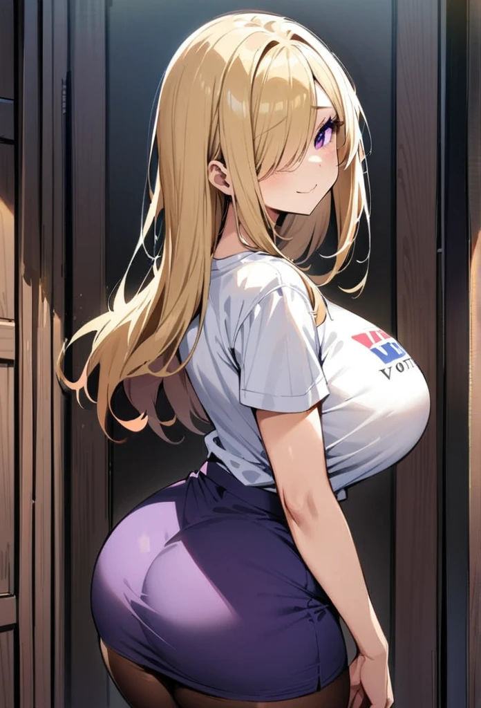 ((Best Quality)), ((masterpiece)), (detailed), 1 girl, Pastel yellow hair, Long hair, hair covers one eye, purple eyes, big breasts, big thighs, expression smiling shy, white voting t-shirt, purple skirt, brown pantyhose, looking at the viewer, view from behind, backward