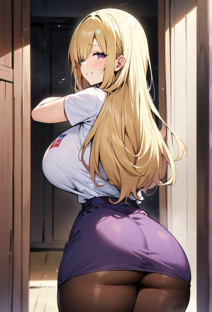 ((Best Quality)), ((masterpiece)), (detailed), 1 girl, Pastel yellow hair, Long hair, hair covers one eye, purple eyes, , big thighs, expression smiling shy, white voting t-shirt, purple skirt, brown pantyhose, ng at the viewer, view from behind, backward