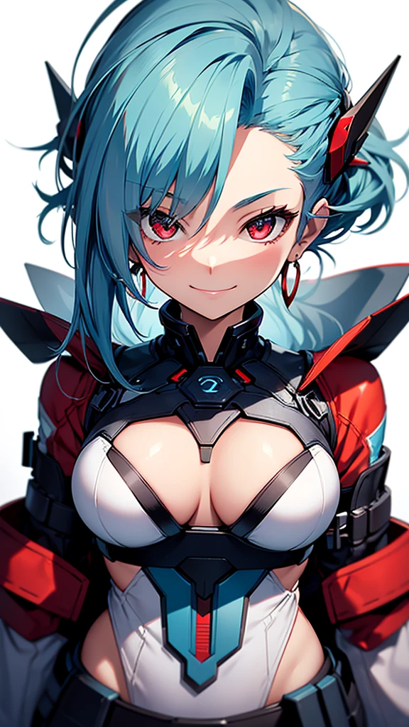 High resolution, One girl, chest,Simple Background, Blue Hair/Light blue hair, Cowboy Shot, 大きなchest, Red eyes, 大きなchest, Earrings, smile, smiling, 8k octane, High resolution, masterpiece, High detail, High-resolution model, high quality, Textured skin, 