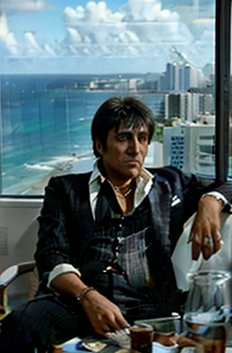 tony montana le gangster des années 80 qui regarde la route longeant la mer, through the window of his luxury apartment from a skyscraper in Miami
