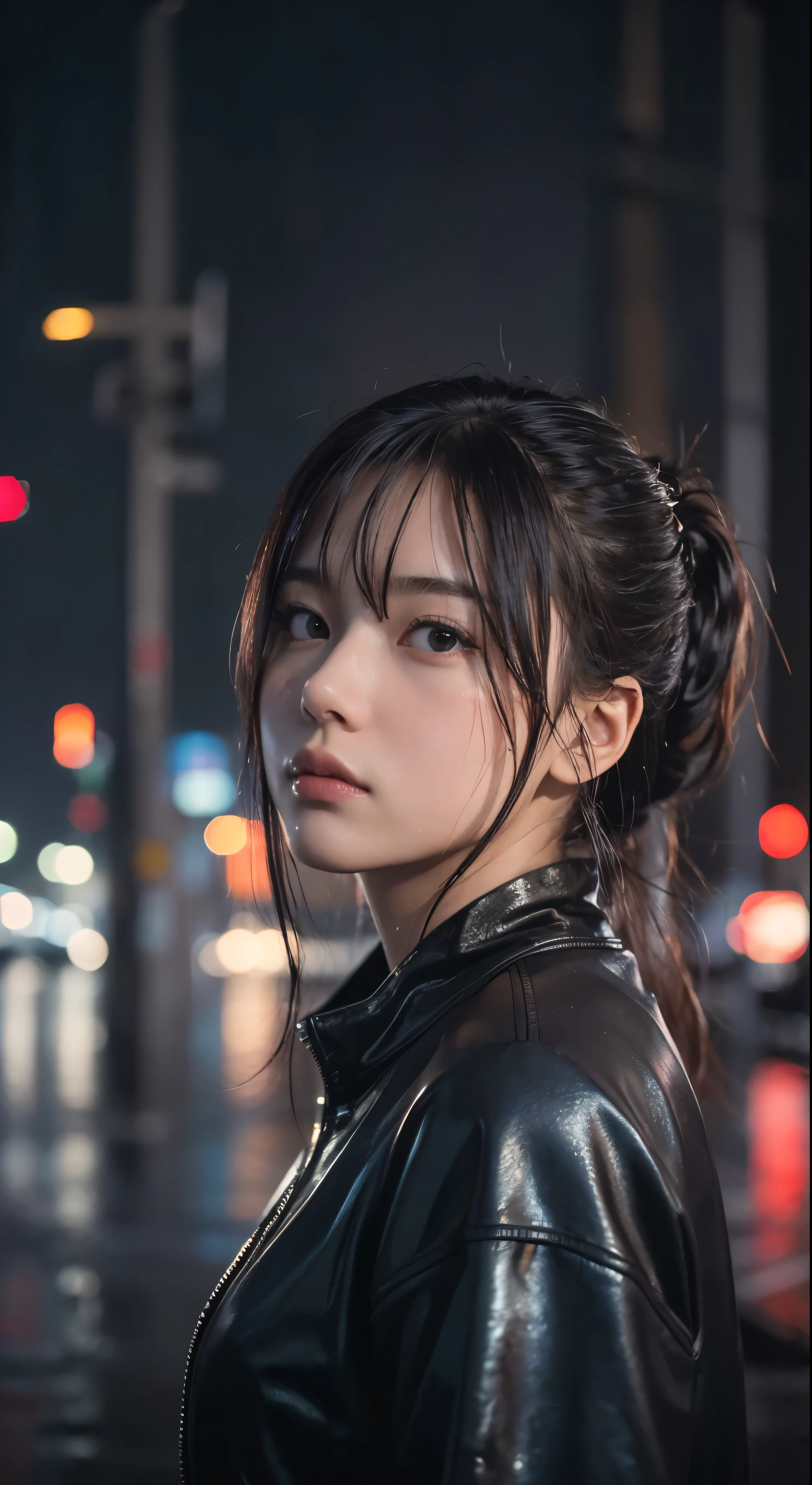 8k, RAW photo, best quality, masterpiece:1.2),(realistic, photo-realistic:1.37),Tokyo street,night, rain, wet,cityscape,night, cyberpunk city,soft light,1girl,, extremely beautiful face,bust,put down hands,Random hairstyle,Random hair color,Random expression,pigsney