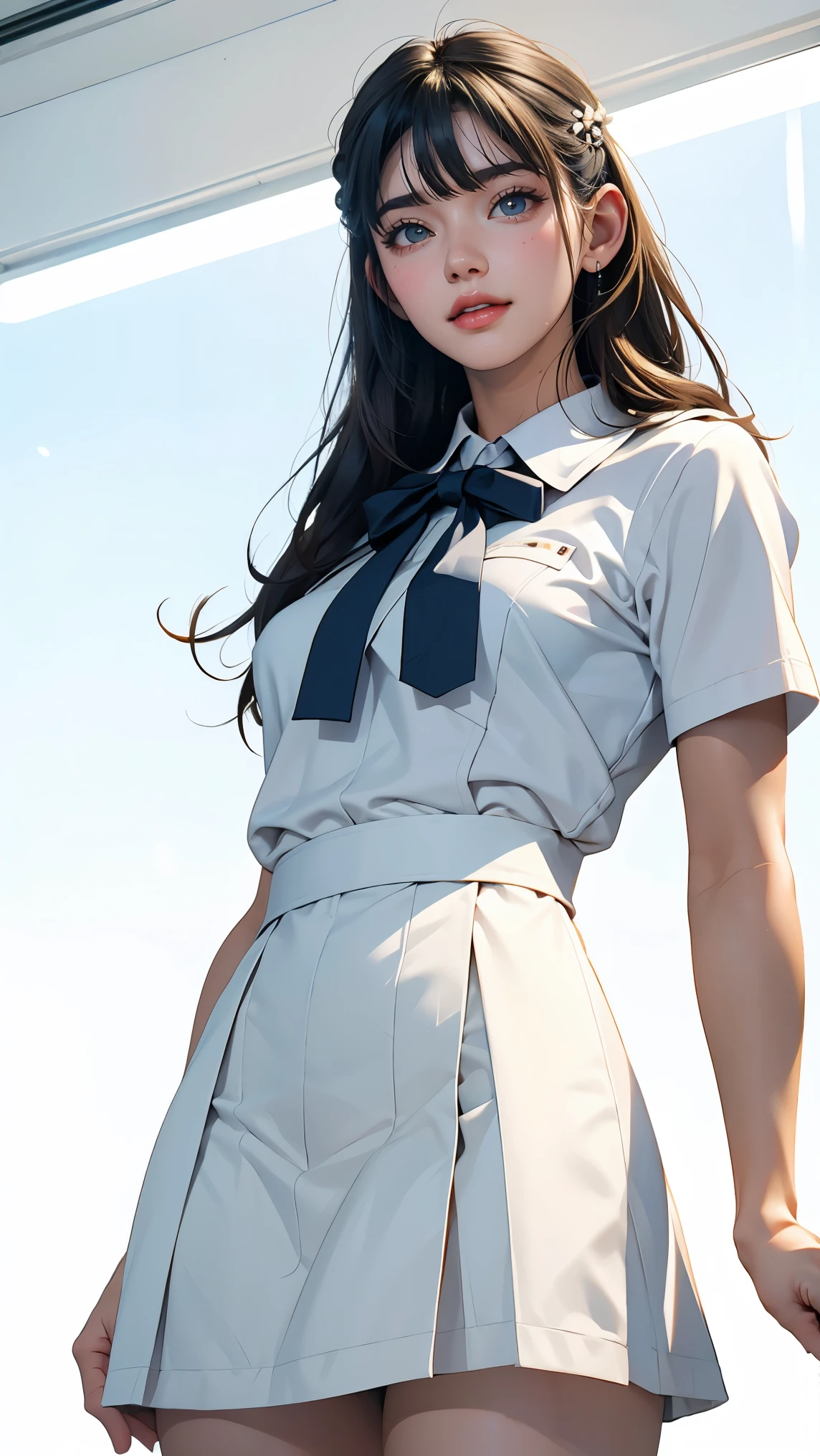 highest quallity, work of art, ultra-high resolution, (reality: 1.4), OriginalPhoto, a girl, mellow, White JK Uniform, Cinema lighting、ssmile、gradient, White background