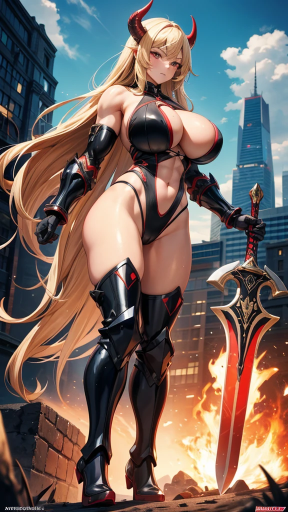 Adult woman with long blond hair and huge breasts,red buffalo horn,scapula,Black hand armor,cleavage,muscle,Abdominal muscles,Black high-cut swimsuit,Bare legs,iron boots,huge sword,City