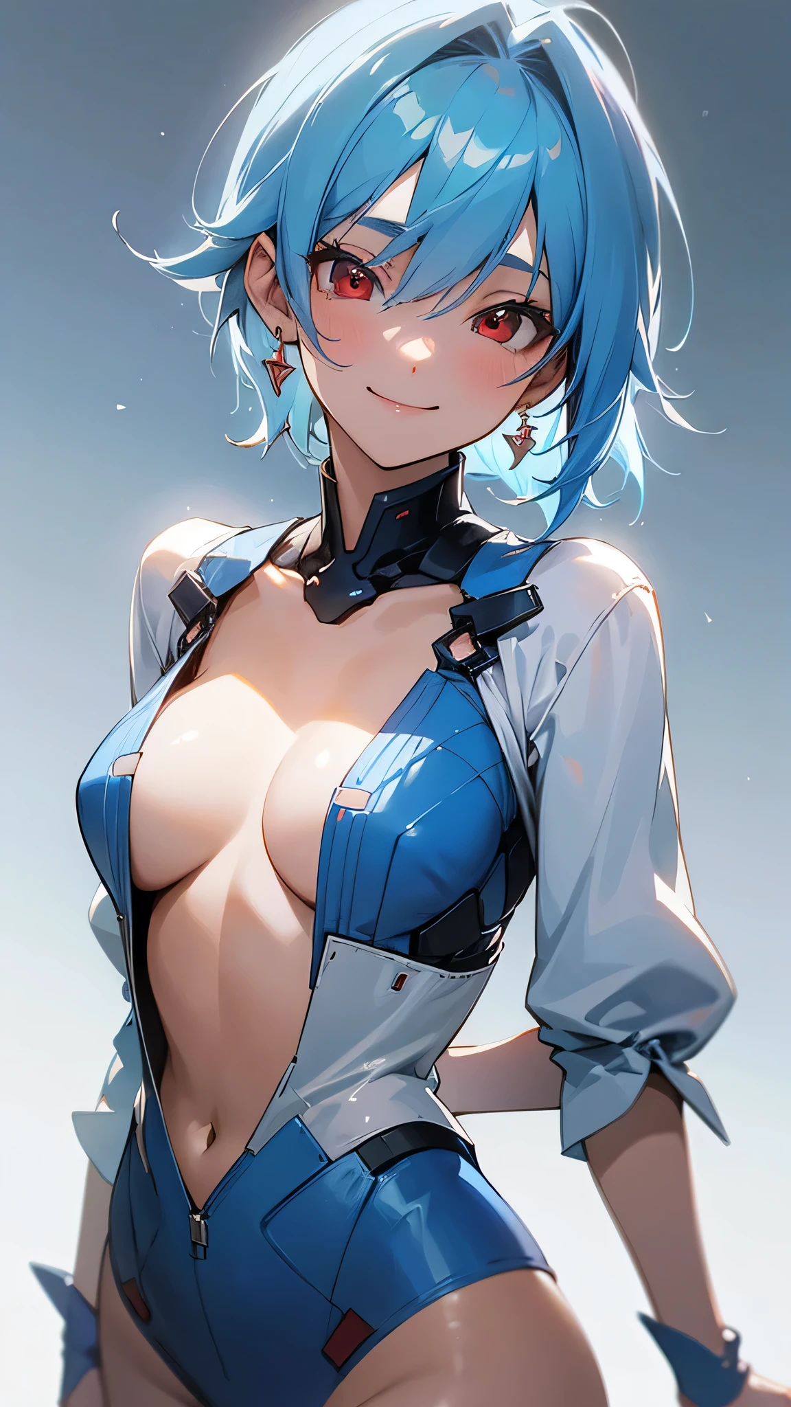 High resolution, One girl, chest,Simple Background, Blue Hair/Light blue hair, Cowboy Shot, 大きなchest, Red eyes, 大きなchest, Earrings, smile, smiling, 8k octane, High resolution, masterpiece, High detail, High-resolution model, high quality, Textured skin,
