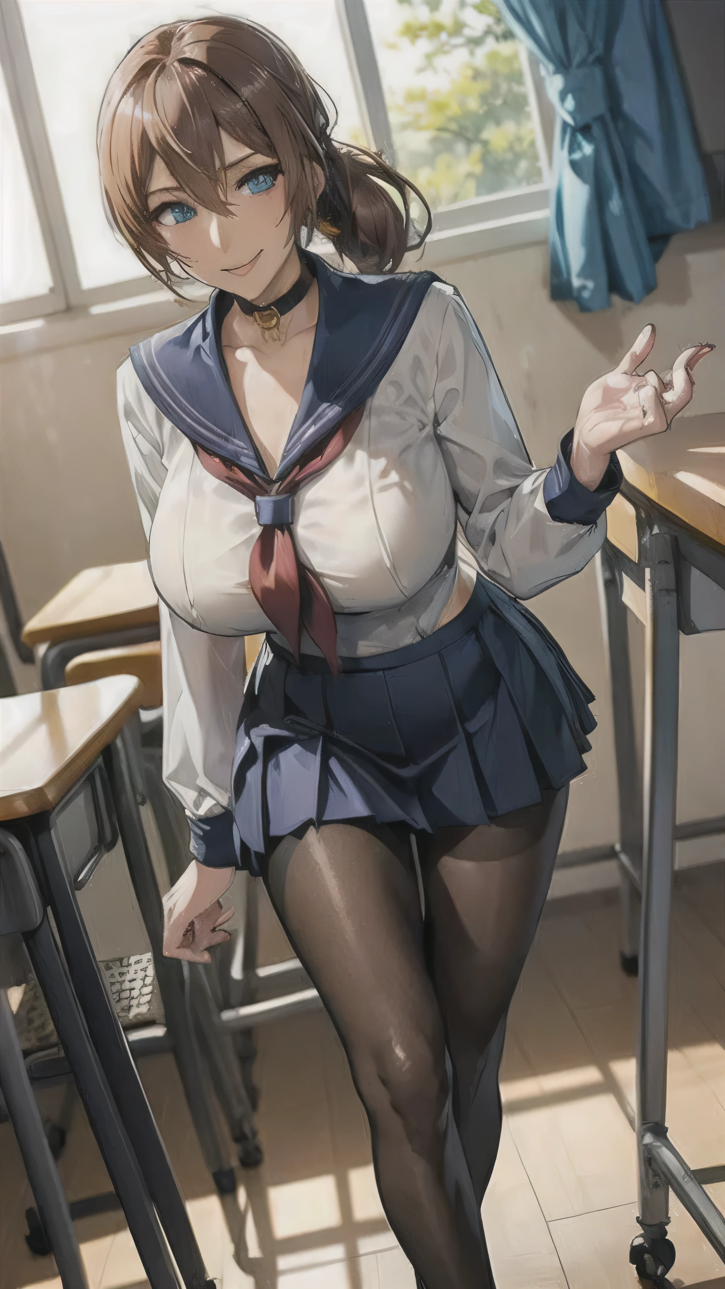 ((high school girl)),((school uniform)),((White blouse)),(((Pleated mini skirt))), ((A shy smile)),((Beautiful feet)),((Beautiful legs)),Ultra-high resolution, Mature Woman, Mature Woman, Very detailed, ((Big Breasts)), Perfect hands, Detailed fingers, Beautiful details, (((Sailor suit))),((Long Hair)),((ponytail)),Black choker, Earrings,loafers,(Black Pantyhose), (Black Stockings),Perfect Eyes, Seductive eyes, School classroom,Standing in front of the pulpit