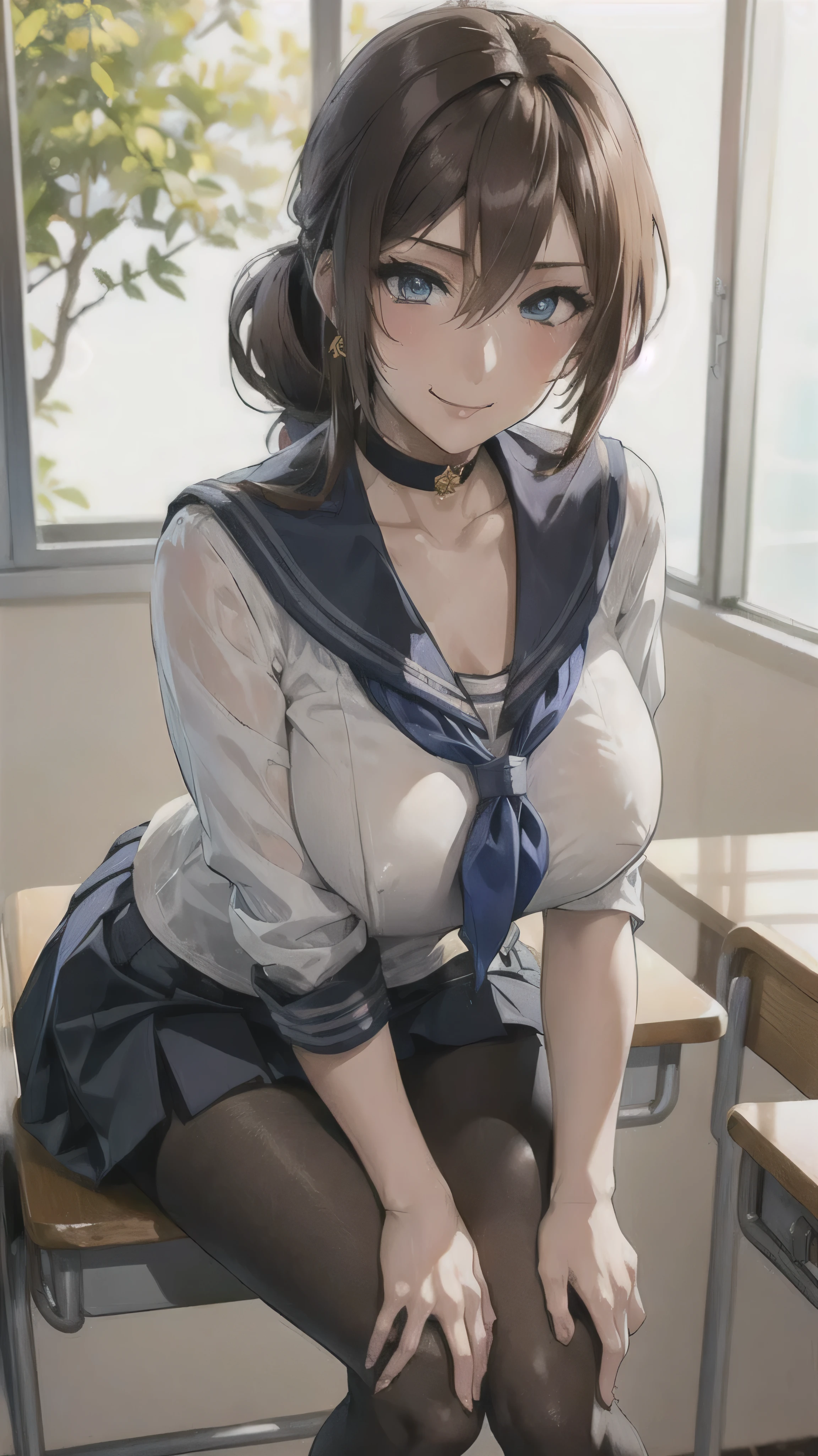 ((high school girl)),((school uniform)),((White blouse)),(((Pleated mini skirt))), ((A shy smile)),((Beautiful feet)),((Beautiful legs)),Ultra-high resolution, Mature Woman, Mature Woman, Very detailed, ((Big Breasts)), Perfect hands, Detailed fingers, Beautiful details, (((Sailor suit))),((Long Hair)),((ponytail)),Black choker, Earrings,loafers,(Black Pantyhose), (Black Stockings),Perfect Eyes, Seductive eyes, School classroom,Standing in front of the pulpit