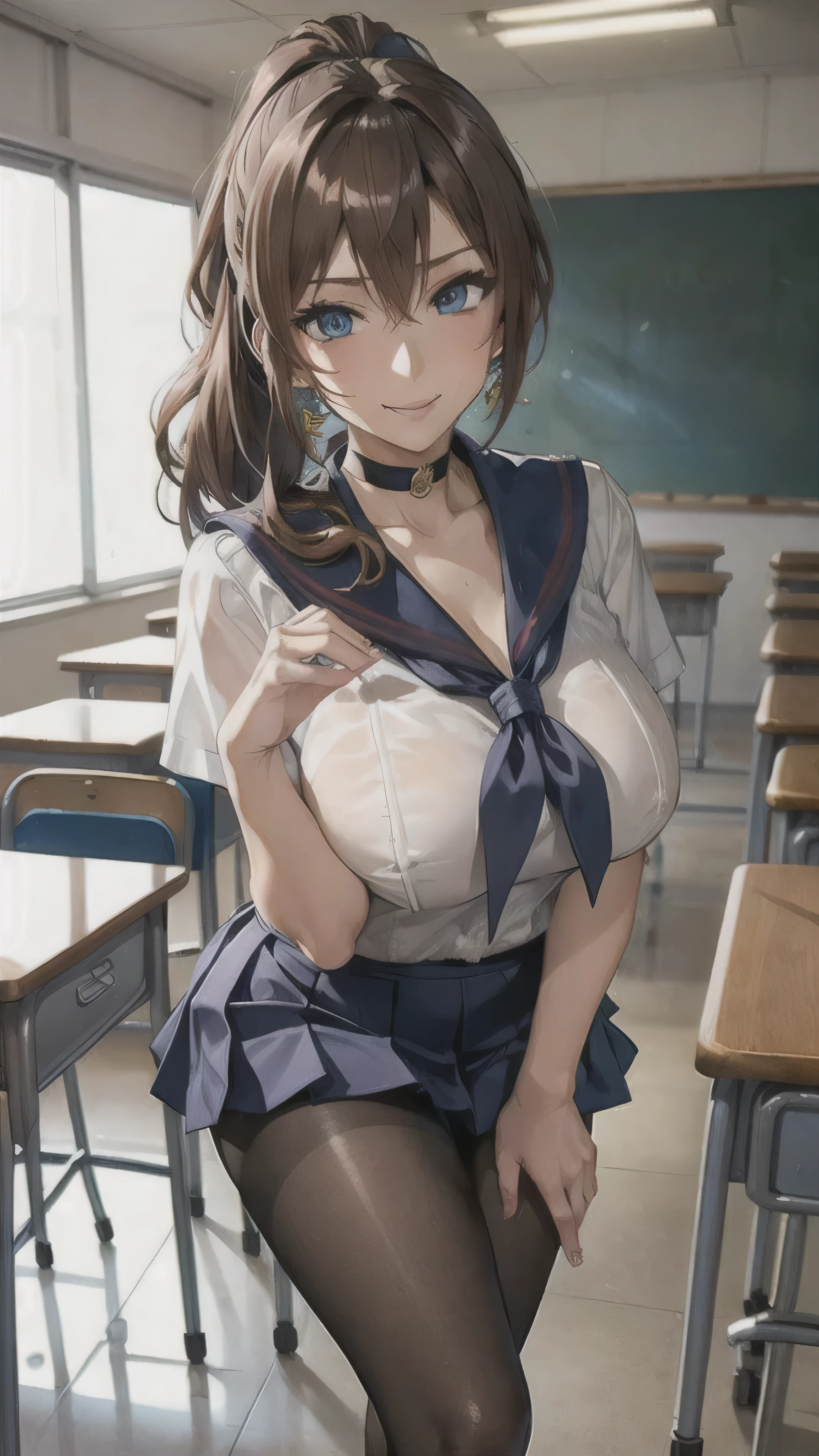 ((high school girl)),((school uniform)),((White blouse)),(((Pleated mini skirt))), ((A shy smile)),((Beautiful feet)),((Beautiful legs)),Ultra-high resolution, Mature Woman, Mature Woman, Very detailed, ((Big Breasts)), Perfect hands, Detailed fingers, Beautiful details, (((Sailor suit))),((Long Hair)),((ponytail)),Black choker, Earrings,loafers,(Black Pantyhose), (Black Stockings),Perfect Eyes, Seductive eyes, School classroom,Standing in front of the pulpit