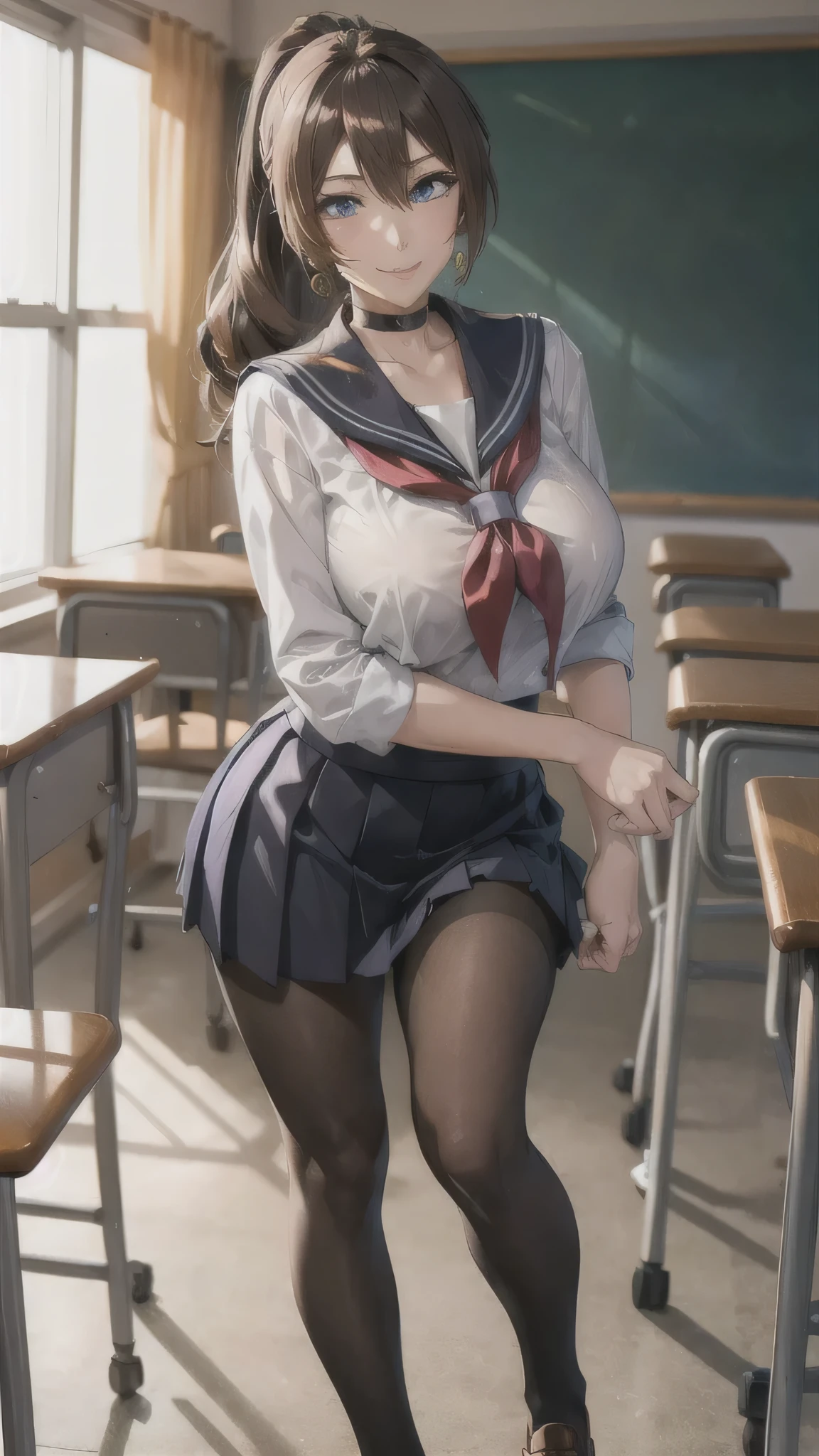 ((high school girl)),((school uniform)),((White blouse)),(((Pleated mini skirt))), ((A shy smile)),((Beautiful feet)),((Beautiful legs)),Ultra-high resolution, Mature Woman, Mature Woman, Very detailed, ((Big Breasts)), Perfect hands, Detailed fingers, Beautiful details, (((Sailor suit))),((Long Hair)),((ponytail)),Black choker, Earrings,loafers,(Black Pantyhose), (Black Stockings),Perfect Eyes, Seductive eyes, School classroom,Standing in front of the pulpit