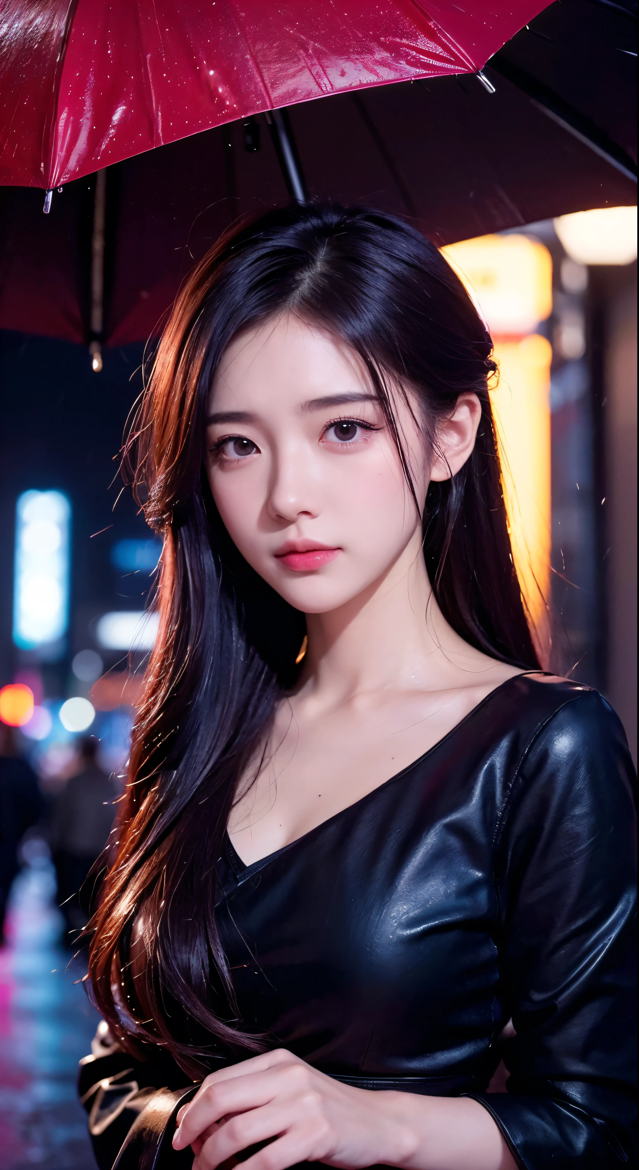 8k, RAW photo, best quality, masterpiece:1.2),(realistic, photo-realistic:1.37),Tokyo street,night, rain, wet,cityscape,night, cyberpunk city,soft light,1girl,, extremely beautiful face,bust,put down hands,Random hairstyle,Random hair color,Random expression,pigsney