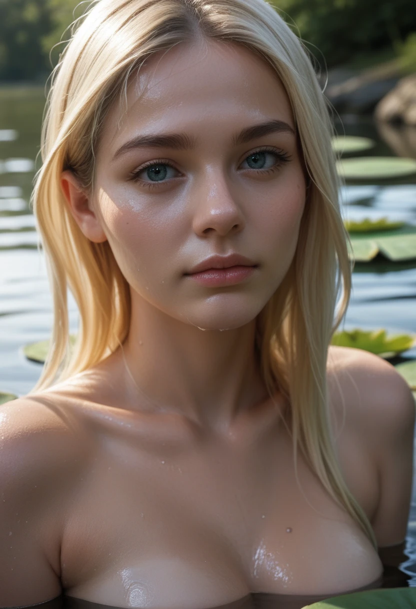 RAW photo, 20 year old Brazilian, blonde balayage, close-up portrait, Swimming in the lake, She's waist-deep in water,  completely naked, Summer sunshine, Shiny skin, wet skin, skin pores, wet hair, water lily, (soft lighting), realistic, masterpiece, top quality, lens flare, [[chromatic aberration]],best shadow, photorealism, hyperrealism