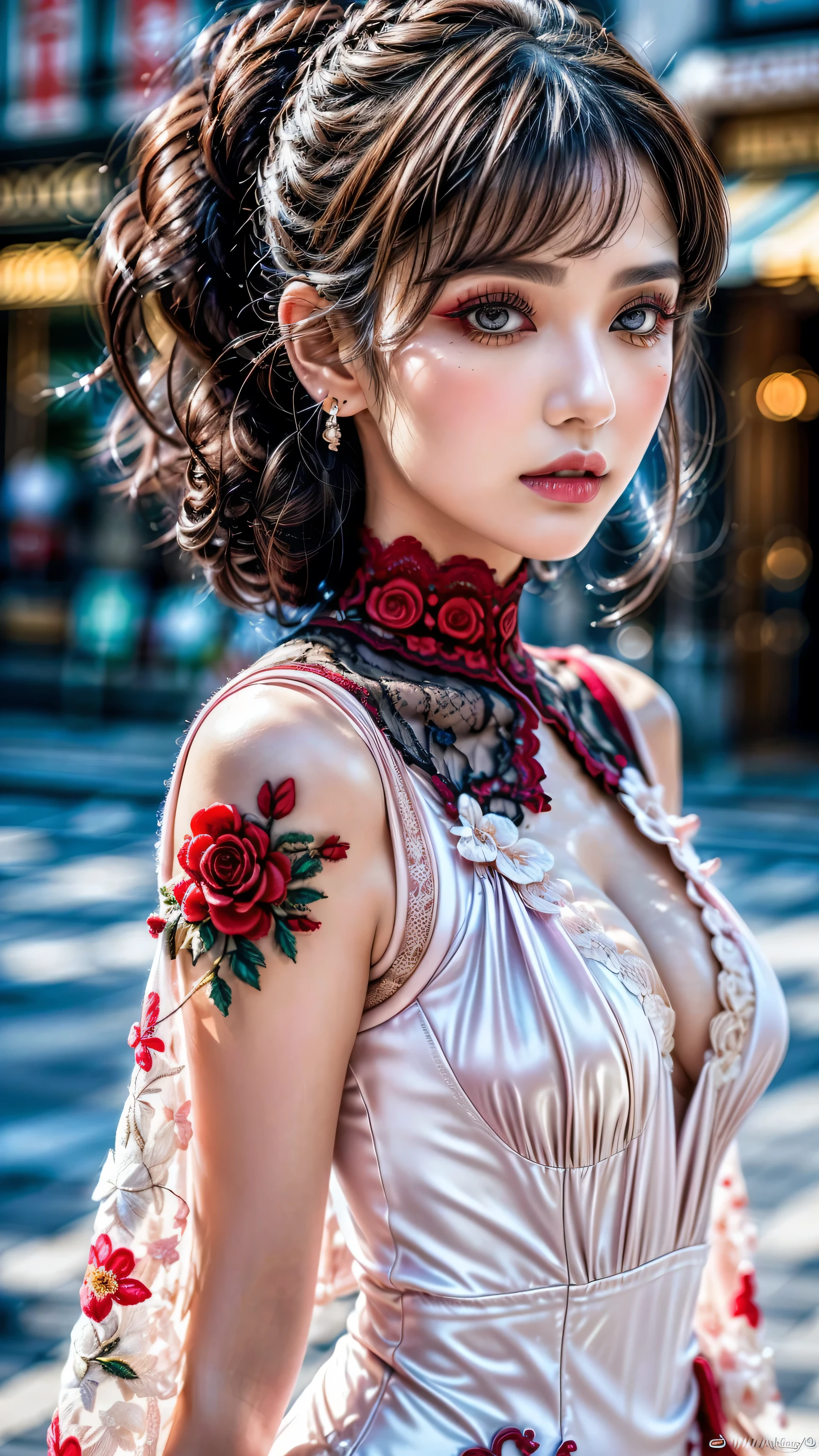 quality\((ultra high resolution)), ((An improvement of the most absurd quality:1.2)), ((photorealistic Realism 16K Quality)), vivid colors, (vivid colors, multicolor ((orange, silver, pink)) in her outfit:1.3), (ultra-fine digital art\), ((Realistic eyes clear, sharp, absurd quality, not blurry brown_eyes:1.3)), (super detailed professional makeup on eyes:1.3), (highest quality texture skin), (Highly quality texture hair), (curly hair, ((slicked to the two side)), intricately details:1.3), (perfect proportions), (narrow waist), medium ass,beautiful cheekbones,slim belly:1.2,(slim-muscled body:1.22), (firm and full breasts), ((super details beautiful face)), (pink_makeup:1.3), blue_eyelashes, (glossy red_lipstick:1.21), (perfect dark_eyeshadows:1.45), (super detailed professional makeup on eyes:1.2)., BREAK, (microscopic street outfit:1.22), (minimalist provocative styling outfit:1.25), ((highly elaborate extravagant microscopic street outfit:1.2), (minimalist provocative styling:1.26))\ White Dress (silk tight Dolce&Gabbana. Floral dress:1.2), elegant fashion intricately detailed:1.31), floral couture, ((clothes made of silk and printed flower)), (Wearing tight fitting dresses)), (black latex:1.28), ((latex bodysuit lace)), ((Intricate detailed multi-layer Dress lace with red flower fishnet:1.2)), ((white lace:1.4\)), BREAK, background\((city night:1.3), (neon sign), (night). Cinematic Light, (octane rendering, ray tracing), ((photo from head to knee:1.3)), (Proportions are based on a 7.5 head scale).