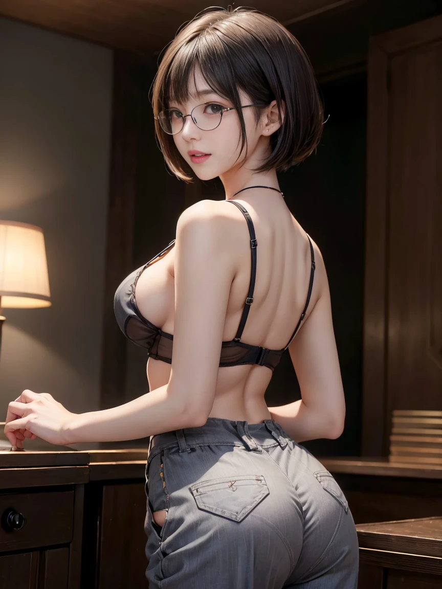((カフェの前に座るMature Woman)),((Cut-and-sew top with a wide open chest:1.3)). (((Wearing high waisted wide pants)))((Stand with your back to the viewer))((背後からのphotograph))40k, photograph, masterpiece, Highest quality, Dark Gray Background, ((Mature Woman, wife)), ((Very large breasts)), perfectionな顔, perfection , ((Expressing nipple protrusion)), ((A girl with brown eyes and beautiful light black short bob hair)). ((A rounded hairstyle that follows the lines of the face))((Wear rimless glasses))Beautiful Japanese Women,very, Soft breasts and white skin, ((very柔らかい胸)). Highly detailed face, Detailed eyes, Embarrassing, smile, summer, Daytime, (((Express the whole body))), ((後ろからのphotograph))