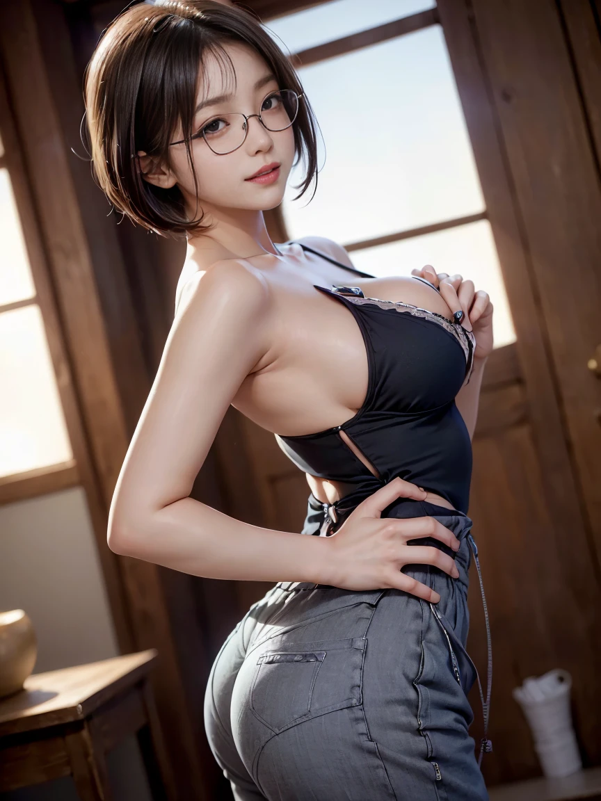 ((カフェの前に座るMature Woman)),((Cut-and-sew top with a wide open chest:1.3)). (((Wearing high waisted wide pants)))((Stand with your back to the viewer))((背後からのphotograph))40k, photograph, masterpiece, Highest quality, Dark Gray Background, ((Mature Woman, wife)), ((Very large breasts)), perfectionな顔, perfection , ((Expressing nipple protrusion)), ((A girl with brown eyes and beautiful light black short bob hair)). ((A rounded hairstyle that follows the lines of the face))((Wear rimless glasses))Beautiful Japanese Women,very, Soft breasts and white skin, ((very柔らかい胸)). Highly detailed face, Detailed eyes, Embarrassing, smile, summer, Daytime, (((Express the whole body))), ((後ろからのphotograph))