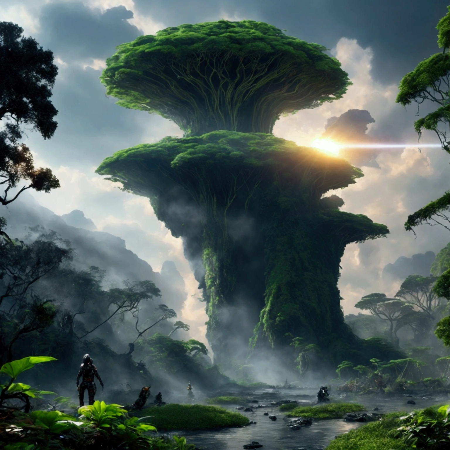 Create a realistic image of the three characters together, in an Amazon rainforest setting, highlighting how their powers contribute to the terraforming of the Earth. - **Lucas Andrade:** Its body is covered with patterns of bright, greenish leaves., and he is using his powers to accelerate the growth and modify the surrounding vegetation. Plants and trees are rapidly transforming and growing into unusual shapes and patterns, reflecting an alien ecosystem. - **Sofia Almeida:** She is surrounded by a shimmering aura that alters the structure of matter around her.. The soil and atmosphere are changing, with particles and elements floating and rearranging themselves to create new environmental conditions that mimic the aliens' home planet. - **Rafael Costa:** Your hair looks like pulsating flames, and he is manipulating fire to change temperature and create weather effects. Flames and heat are transforming parts of the vegetation and geology, creating an environment that reflects the conditions of the aliens' planet. The scenario in the Amazon rainforest is changing, with dense vegetation mixing with fire and the sparkling effects of the powers. The colors and visual effects are intense, representing the fusion of powers and the transformation of the environment to adapt to the needs of the aliens.