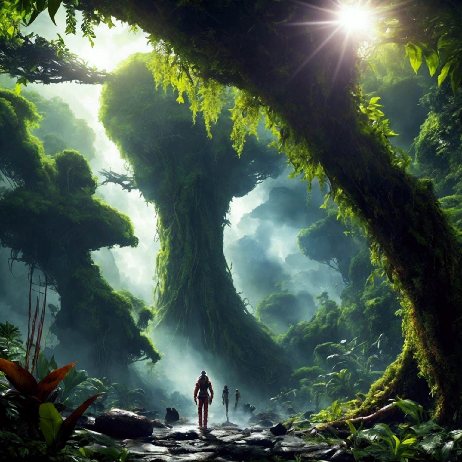 Create a realistic image of the three characters together, in an Amazon rainforest setting, highlighting how their powers contribute to the terraforming of the Earth. - **Lucas Andrade:** Its body is covered with patterns of bright, greenish leaves., and he is using his powers to accelerate the growth and modify the surrounding vegetation. Plants and trees are rapidly transforming and growing into unusual shapes and patterns, reflecting an alien ecosystem. - **Sofia Almeida:** She is surrounded by a shimmering aura that alters the structure of matter around her.. The soil and atmosphere are changing, with particles and elements floating and rearranging themselves to create new environmental conditions that mimic the aliens' home planet. - **Rafael Costa:** Your hair looks like pulsating flames, and he is manipulating fire to change temperature and create weather effects. Flames and heat are transforming parts of the vegetation and geology, creating an environment that reflects the conditions of the aliens' planet. The scenario in the Amazon rainforest is changing, with dense vegetation mixing with fire and the sparkling effects of the powers. The colors and visual effects are intense, representing the fusion of powers and the transformation of the environment to adapt to the needs of the aliens.