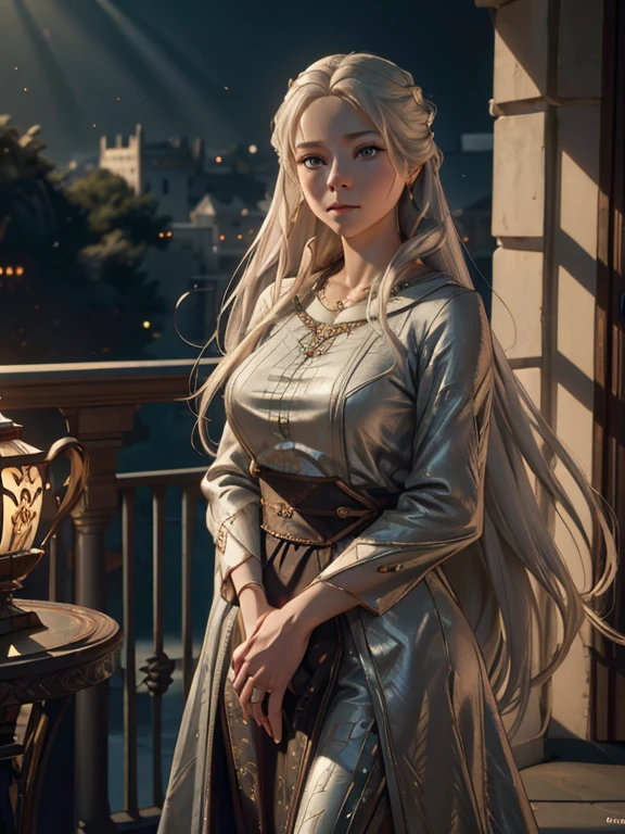 A beautiful young woman with long blonde hair, wearing a tight silver dress that hugs her round, shapely ass, standing on a balcony and looking out wistfully, (best quality,4k,8k,highres,masterpiece:1.2),ultra-detailed,(realistic,photorealistic,photo-realistic:1.37),detailed facial features,beautiful detailed eyes,beautiful detailed lips,extremely detailed eyes and face,longeyelashes,intricate dress textures,shiny silver fabric,dimly lit balcony scene,warm lighting,cinematic composition,dramatic lighting,highly detailed background,ornate balcony railing,lush foliage,detailed architecture