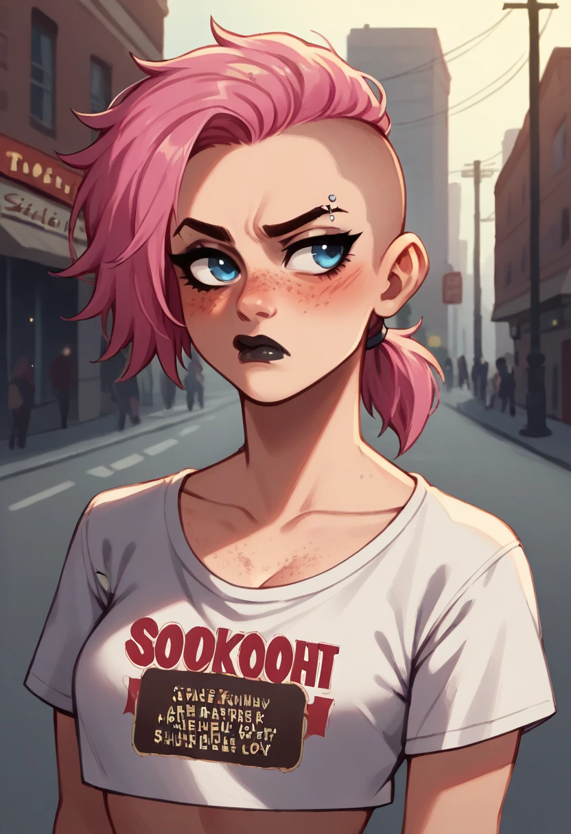 Close up of an adult supermodel woman face, at a busy cluttered (crowded city street) background, detailed background, daytime, pale blue eyes, detailed short burnt pink hair with ponytail, shaved sides haircut, freckles, blushing, (smouldering pouting expression), single eyebrow raised, eye shadow, black lipstick, pierced eyebrow, (big tits), wearing a (loose (graphic tshirt) crop top), detailed cloth folds, looking to the side, comic book style, flat colors, intricate comic book outline linework, sexy angular superheroine face