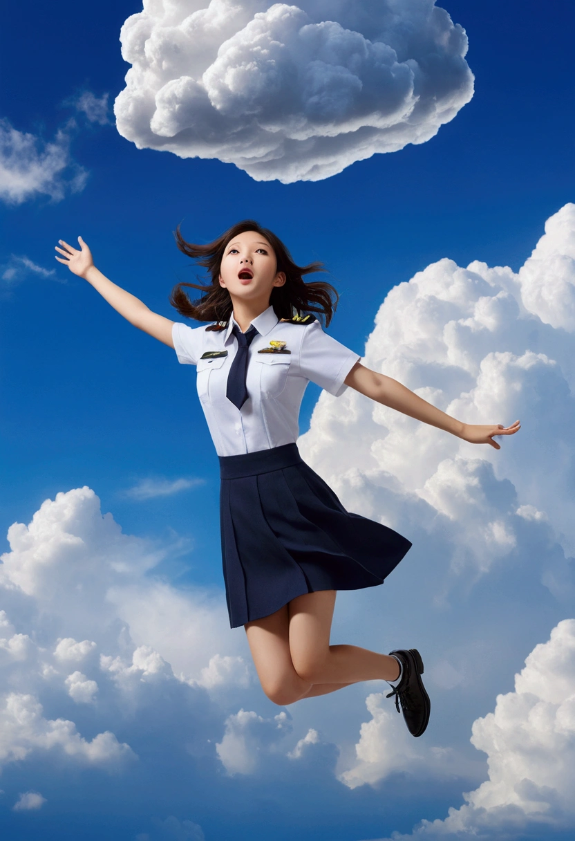 high resolution、Tabletop、((Beautiful girl flying in the sky))、Summer sky、To the Cloud、Cumulonimbus、Surprised face、uniform