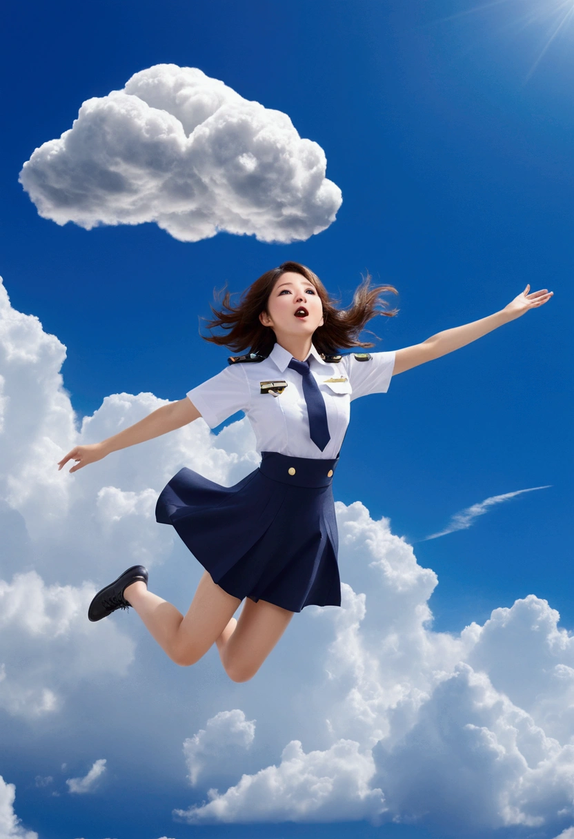 high resolution、Tabletop、((Beautiful girl flying in the sky))、Summer sky、To the Cloud、Cumulonimbus、Surprised face、uniform