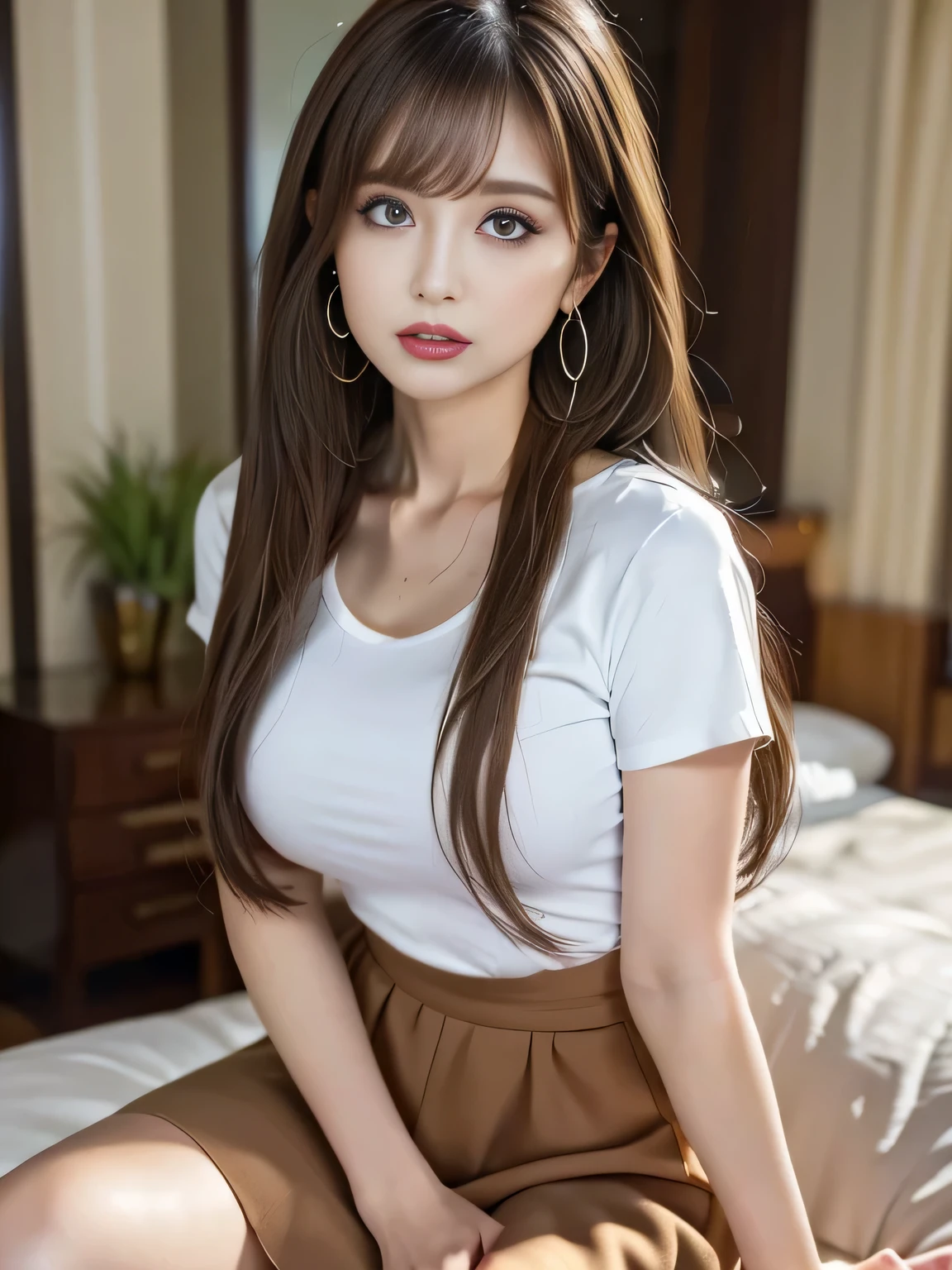 makeup, angry, mullet, hoop earrings, raised eyebrows, half-closed eyes, clenched teeth, ass pov, uhd, anatomically correct, high details, best quality, 8k、One Japanese woman、30 years old、A photo showing your thighs to your head、Thin face、Sitting on a hotel bed looking back、Small breasts、large and shapely buttocks、Long tight skirt、High heels、Focused eyes、Detailed eyes、Detailed face、Light brown hair、White T-shirt、Brown eyes、Very angry、Symmetrical eyes、