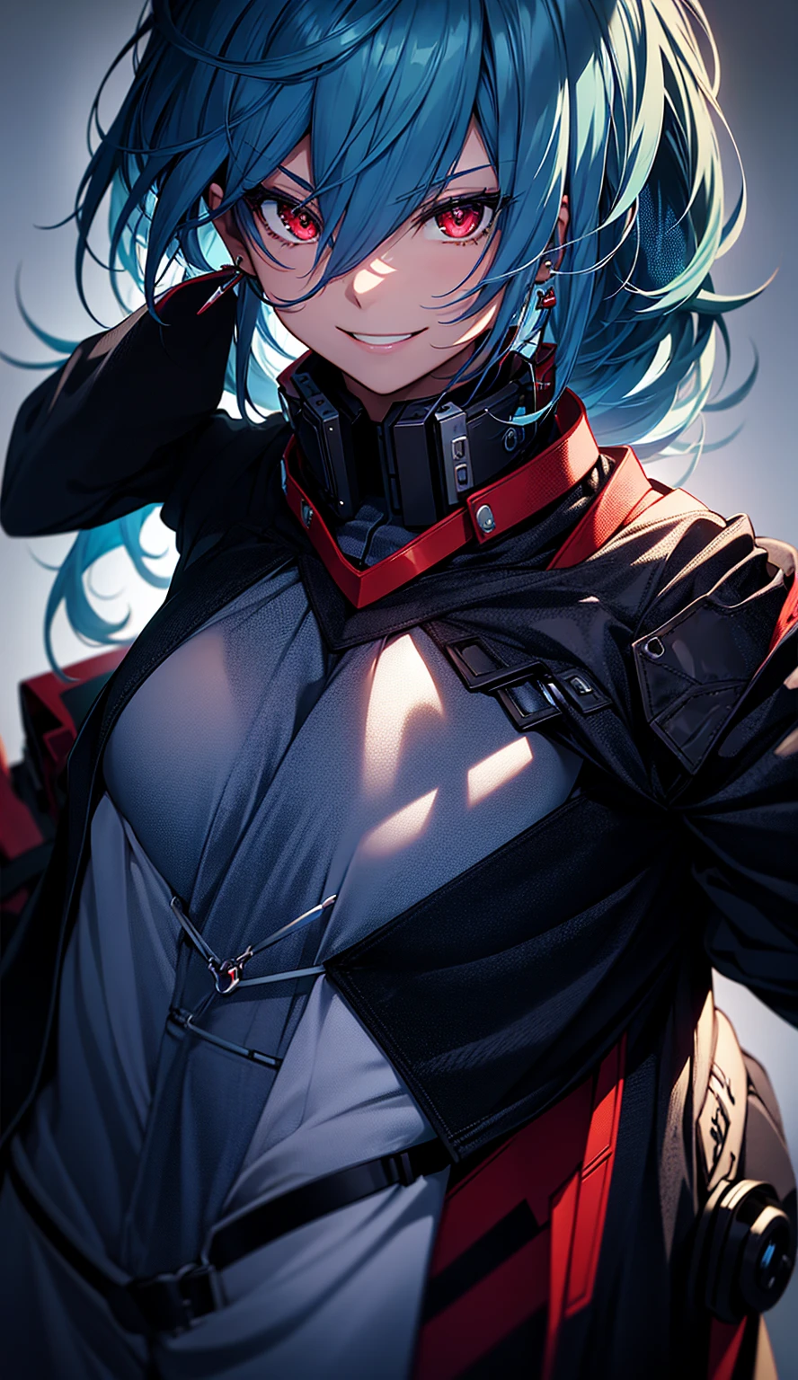 High resolution, One girl, chest,Simple Background, Blue Hair/Light blue hair, Cowboy Shot, 大きなchest, Red eyes, 大きなchest, Earrings, smile, smiling, 8k octane, High resolution, masterpiece, High detail, High-resolution model, high quality, Textured skin,