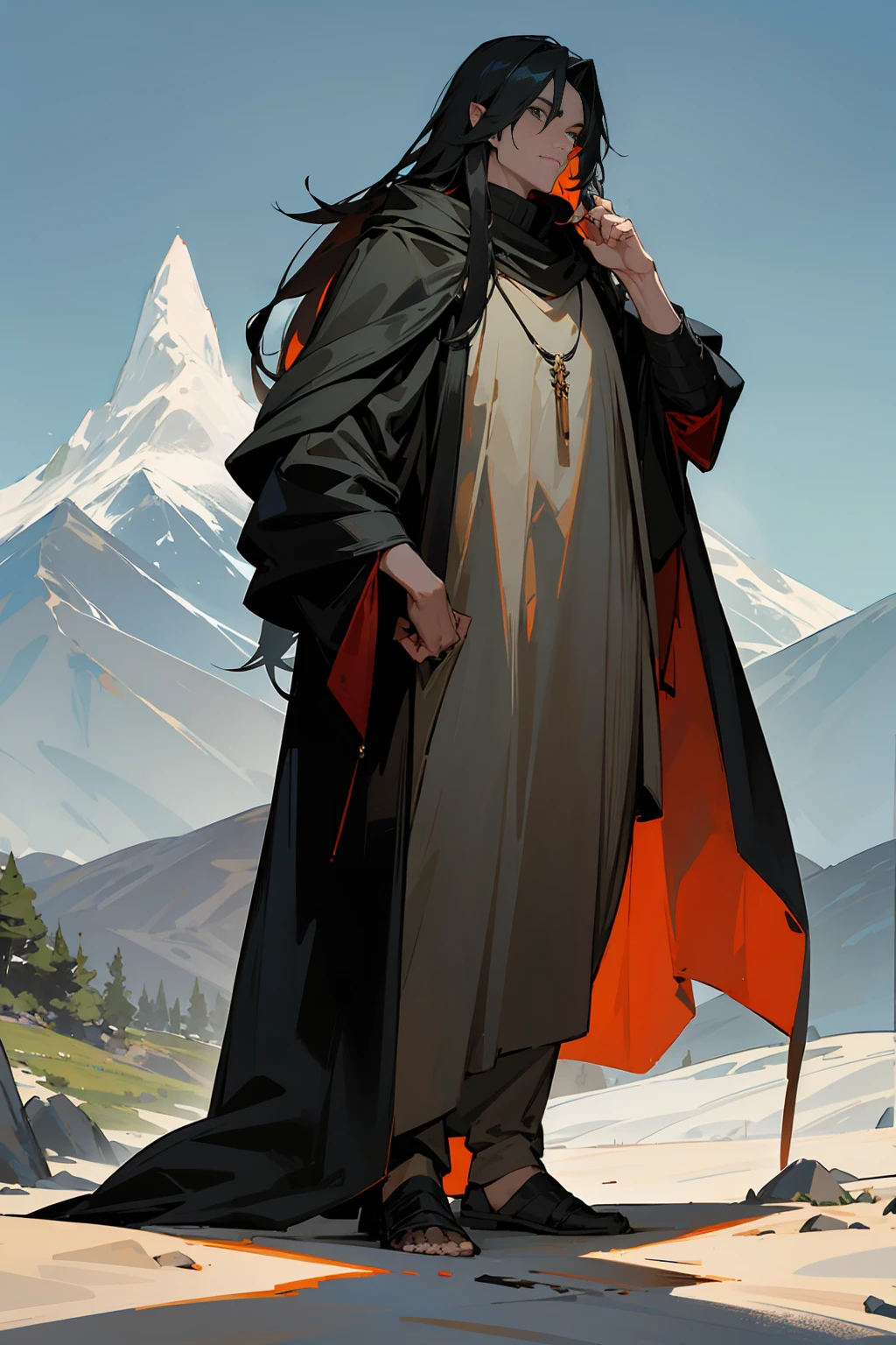 1male, Male, Black Long Hair, Mountain Background, Black Cloak, Sharktooth Necklace, Standing on Path