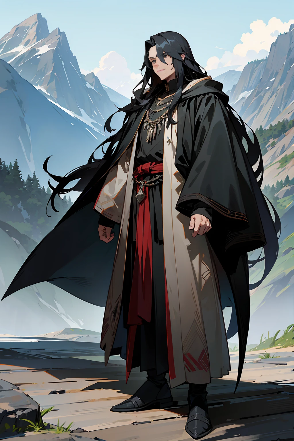 1male, Male, Black Long Hair, Mountain Background, Black Cloak, Sharktooth Necklace, Standing on Path