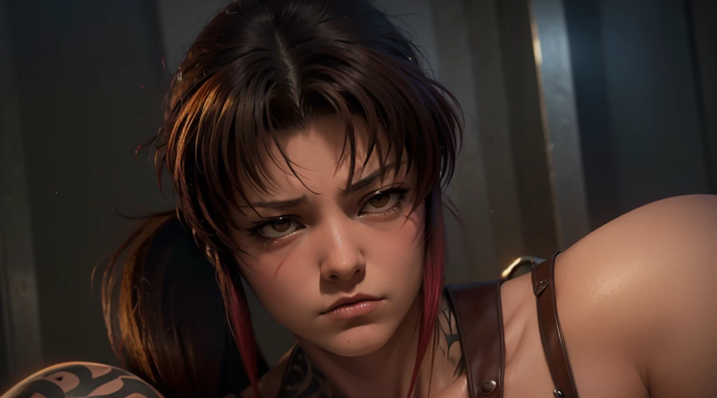 Revy from black lagoon, nude, neon lights, The artwork is rendered in an edgy and realistic style, with high attention to detail and sharp focus. The colors are vivid and contrasted, with a slight desaturation to create a moody atmosphere. shadowy highlights enhancing the overall composition. The medium used is a digital illustration, with a touch of photo-realistic elements to add depth and texture to the image. The final result is a masterpiece in ultra-high resolution,