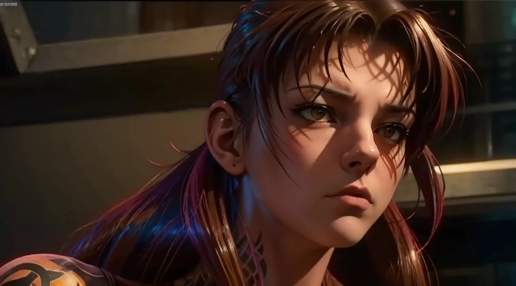 Revy from black lagoon, nude, neon lights, The artwork is rendered in an edgy and realistic style, with high attention to detail and sharp focus. The colors are vivid and contrasted, with a slight desaturation to create a moody atmosphere. shadowy highlights enhancing the overall composition. The medium used is a digital illustration, with a touch of photo-realistic elements to add depth and texture to the image. The final result is a masterpiece in ultra-high resolution,