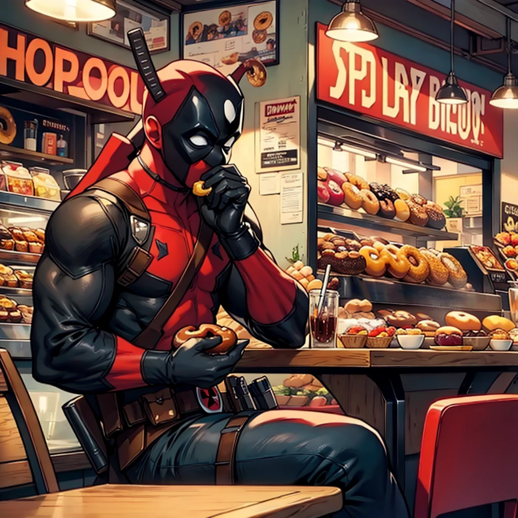 Deadpool eating a donut at a busy cafe