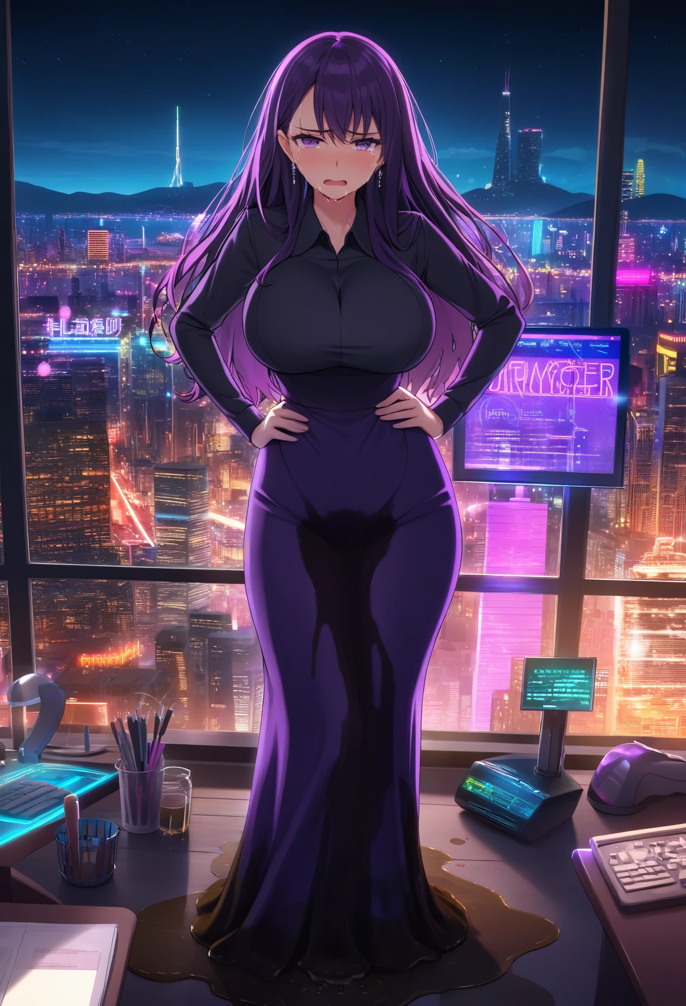 woman, very dark purple hair, purple eyes, long hair, large breasts, very long dress, very tight dress, standing straight, (wetting herself:1.5), best quality, ultra-detailed, HDR, studio lighting, professional, vivid colors, sharp focus, bokeh, landscape, office, night, window, cityscape, colorful city, neon lights, futuristic, science fiction, soft lighting, dynamic shadows, (embarrassed:1.5), (humiliation:1.5), b(lushing:1.5), (angry:1.25), (tears:1.5), facing viewer, (hands on hips:1.5)