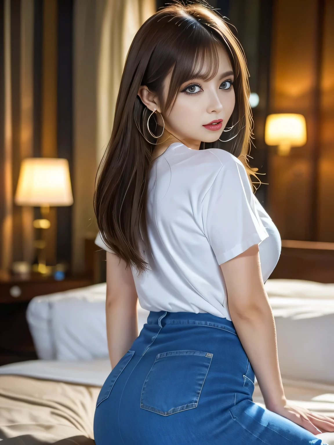 makeup, angry, mullet, hoop earrings, raised eyebrows, half-closed eyes, clenched teeth, ass pov, uhd, anatomically correct, high details, best quality, 8k、One Japanese woman、30 years old、A photo showing your thighs to your head、Thin face、Sitting on a hotel bed looking back、Small breasts、large and shapely buttocks、Blue long tight skirt、High heels、Focused eyes、Detailed eyes、Detailed face、Light brown hair、White T-shirt、Brown eyes、Very angry、Symmetrical eyes、