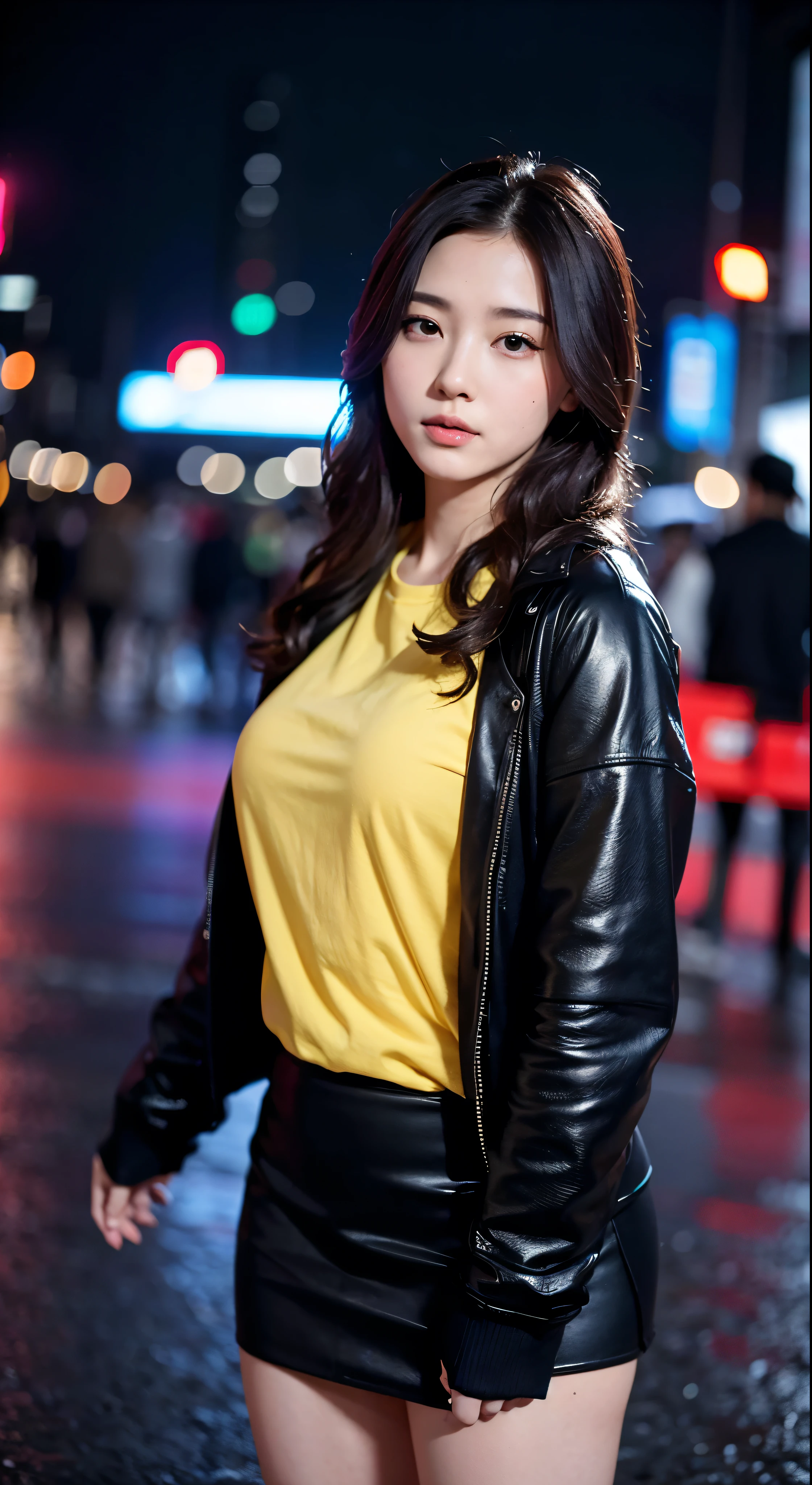 with high definition images，8k、RAW Photos、Highest quality、masterpiece:1.2)、(Realistic、Photorealistic:1.37)、Tokyo Streets、night、rain、Wet、Streetscape、night、Cyberpunk City、Soft Light、1 Girl、Very beautiful face、bust、Put your hands down、Random hairstyle、Random hair color、Random facial expressions、Yellow shirt and black skirt