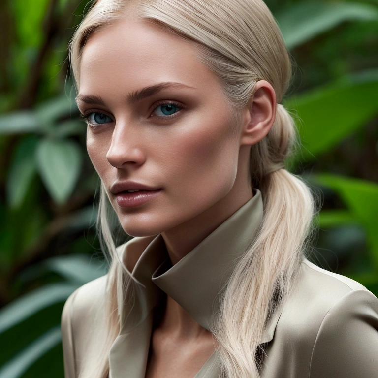 Create a realistic image of a slim, elegant woman about 1,70 m high. She has fair skin and a slightly pale tone. Your hair is platinum blonde or light brown, smooth and well cared for, usually tied up in a bun or ponytail. A few loose strands frame your face. Your eyes are light blue or green, with an ethereal glow that conveys intelligence and perception. your face is delicate, with subtle features and accentuated cheekbones. She wears discreet makeup that highlights her features without exaggeration.. Your clothing is modern and sophisticated: a long-sleeved blouse and tight pants, elegant and functional. She may be wearing discreet accessories, like a necklace or rings. The setting is the Amazon rainforest, with lush vegetation in the background, reflecting a natural and intriguing environment.