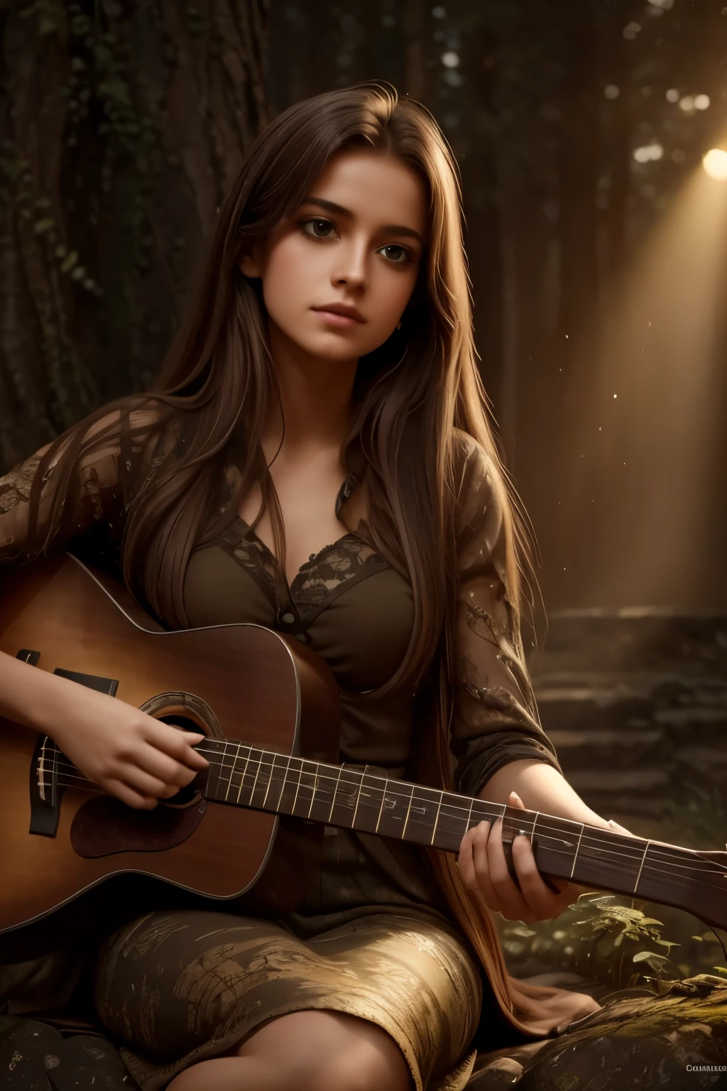 A woman sitting on a rock with a guitar in her hand - SeaArt AI
