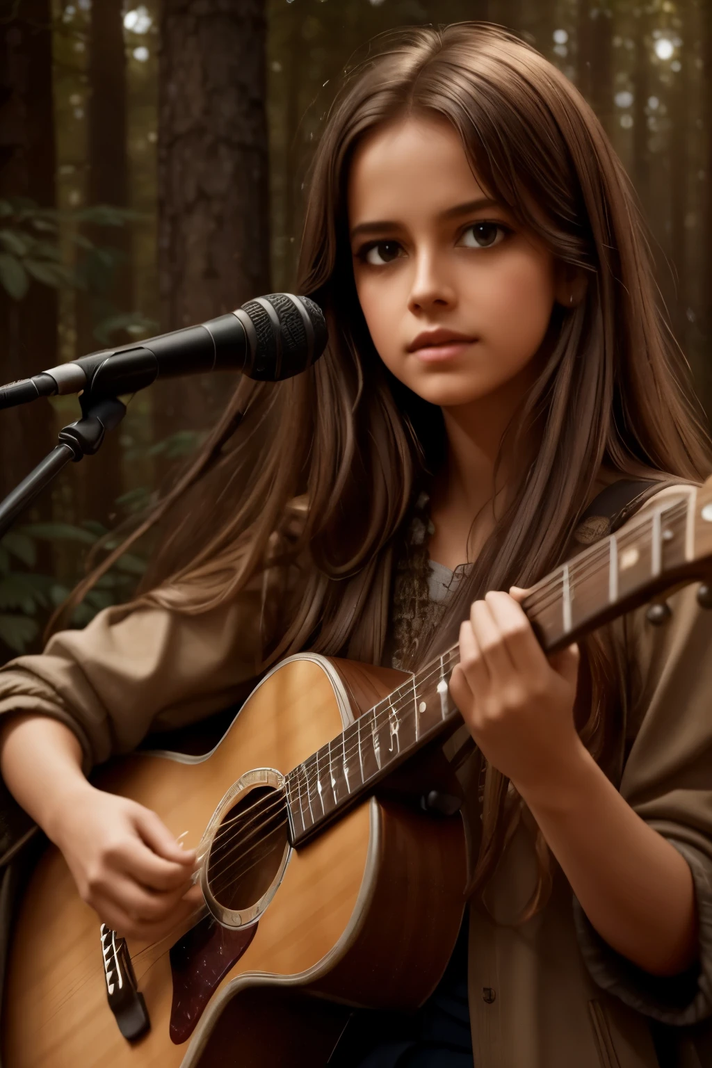 Create an awe-inspiring digital artwork that captures the serene beauty of an ancient forest at twilight. The scene should feature towering trees bathed in soft, golden light filtering through the foliage, casting gentle shadows on the lush undergrowth. a girl playing electric guitar,beautiful detailed eyes,beautiful detailed lips,extremely detailed eyes and face,longeyelashes,solo musician,electric guitar,rock music,stage performance,dramatic lighting,dark background,cinematic,photorealistic,studio lighting,8k,best quality,masterpiece,ultra-detailed,vibrant colors,dramatic shadows, The image should evoke a sense of tranquility and wonder, inviting viewers to immerse themselves in the enchanting realm of nature.