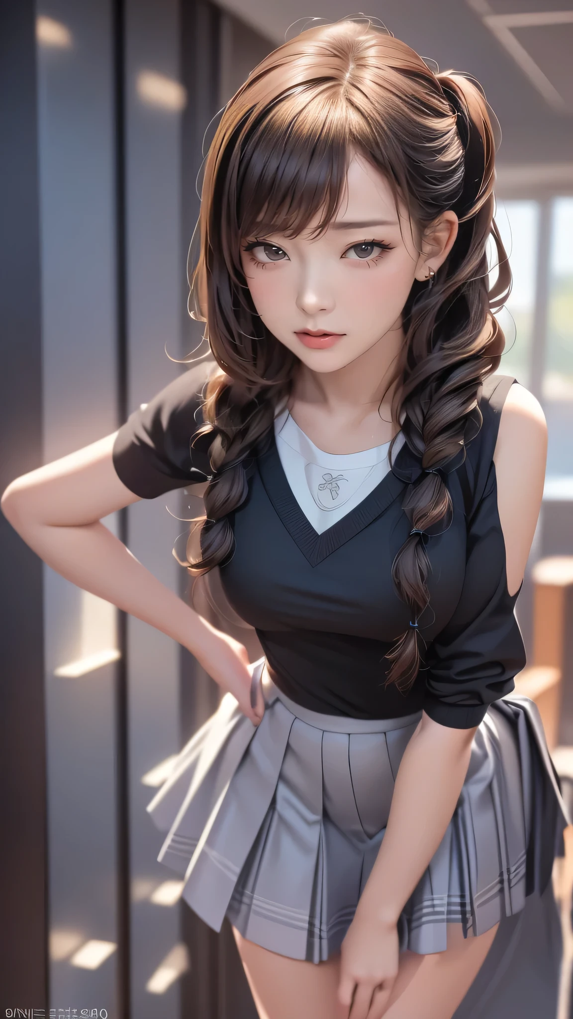 full body,high school girl,(leaning forward:1.2),(random hairstyle),(Highest image quality,(8K), Ultra-realistic, Best Quality, High quality, High Definition, high quality texture, high detailing, Beautiful detailed, fine detailed, extremely details CG, Detailed texture, realistic representation of face, masterpiece, presence)