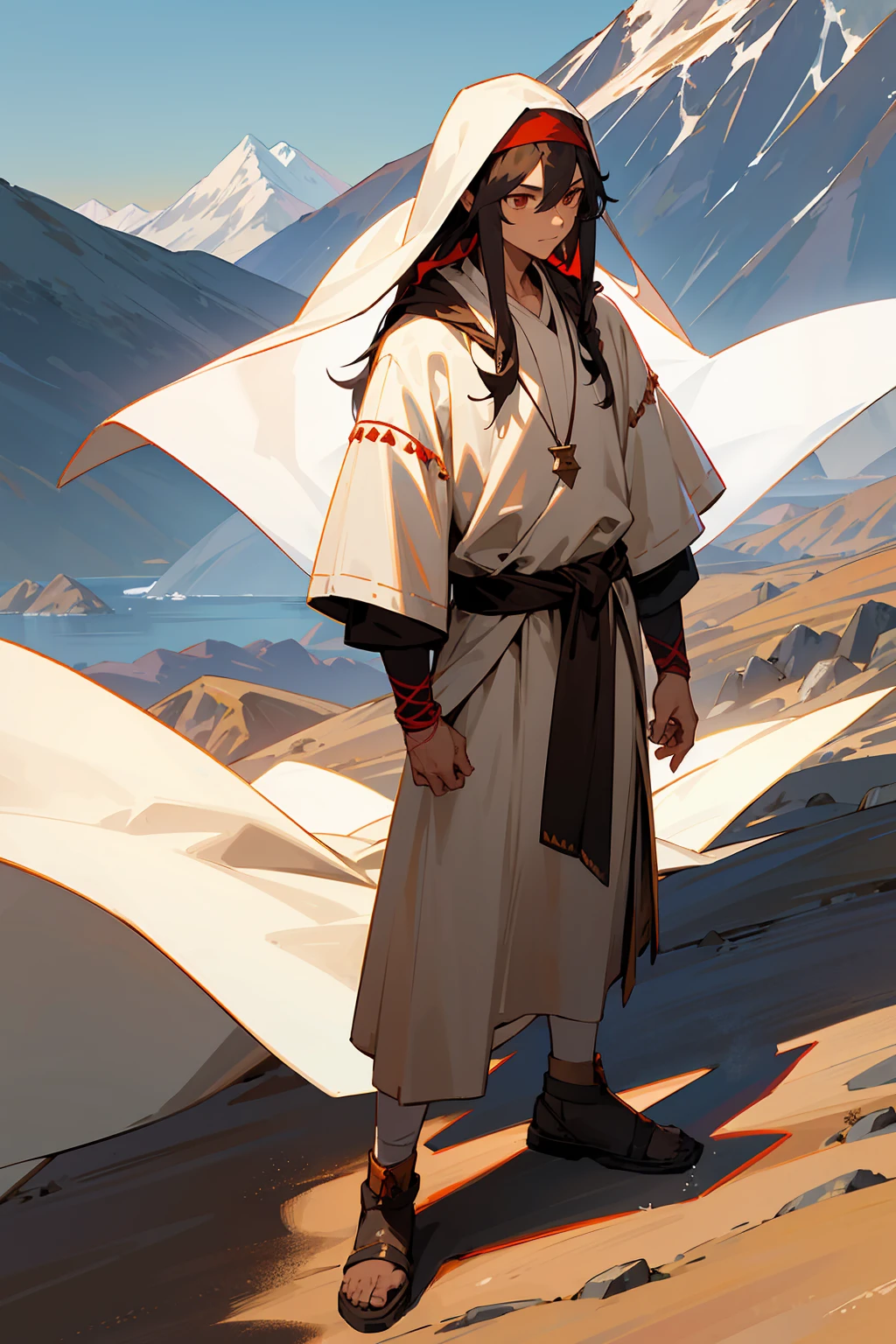 1male,  Male, Black Long Hair, Mountain Background, White Cloak, Brown Clothing, Sharktooth Necklace, Standing on Path, Red Headband