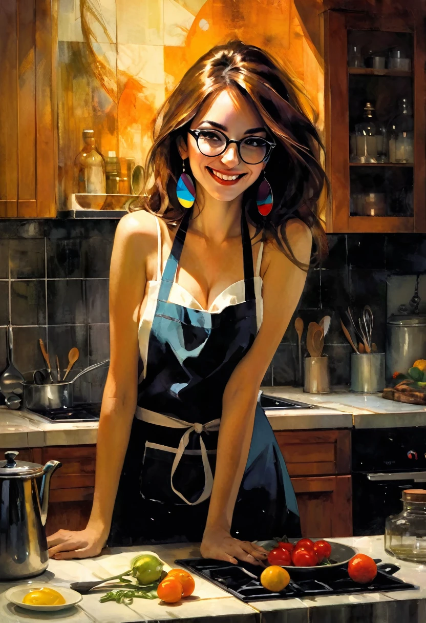 very sexy girl, long straight brown hair, colorful earrings, large square glasses, wearing only a kitchen apron, in the kitchen cooking, small breasts, smiles, adorable, perfect ass, oil painting, chiaroscuro, sensual and dramatic lighting, atmosphere moody, photorealistic, intricate details, masterpiece, ultra detailed, high quality, 8k, best quality, realistic, cinematic, dark and brooding, expressionistic, powerful composition, emotional impact, art inspired by Bill Sienkiewicz

