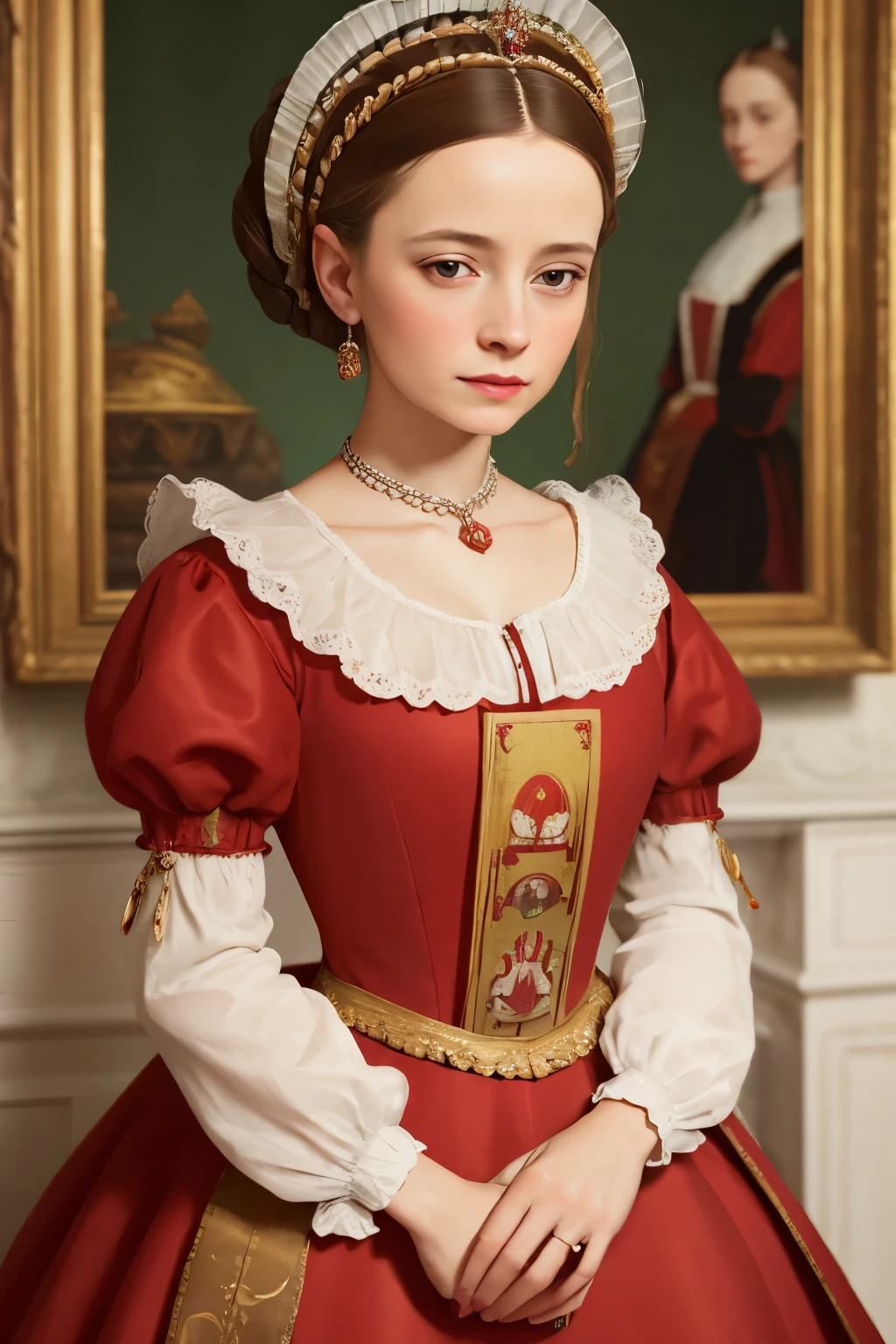 painting of a woman in a red dress with a white collar, portrait of a queen, 1 7 th century duchess, as an elegant noblewoman, inspired by Sofonisba Anguissola, 1500s oil portrait, wearing elegant tudor clothes, by Sofonisba Anguissola, painted in 1530, inspired by Eleanor Vere Boyle